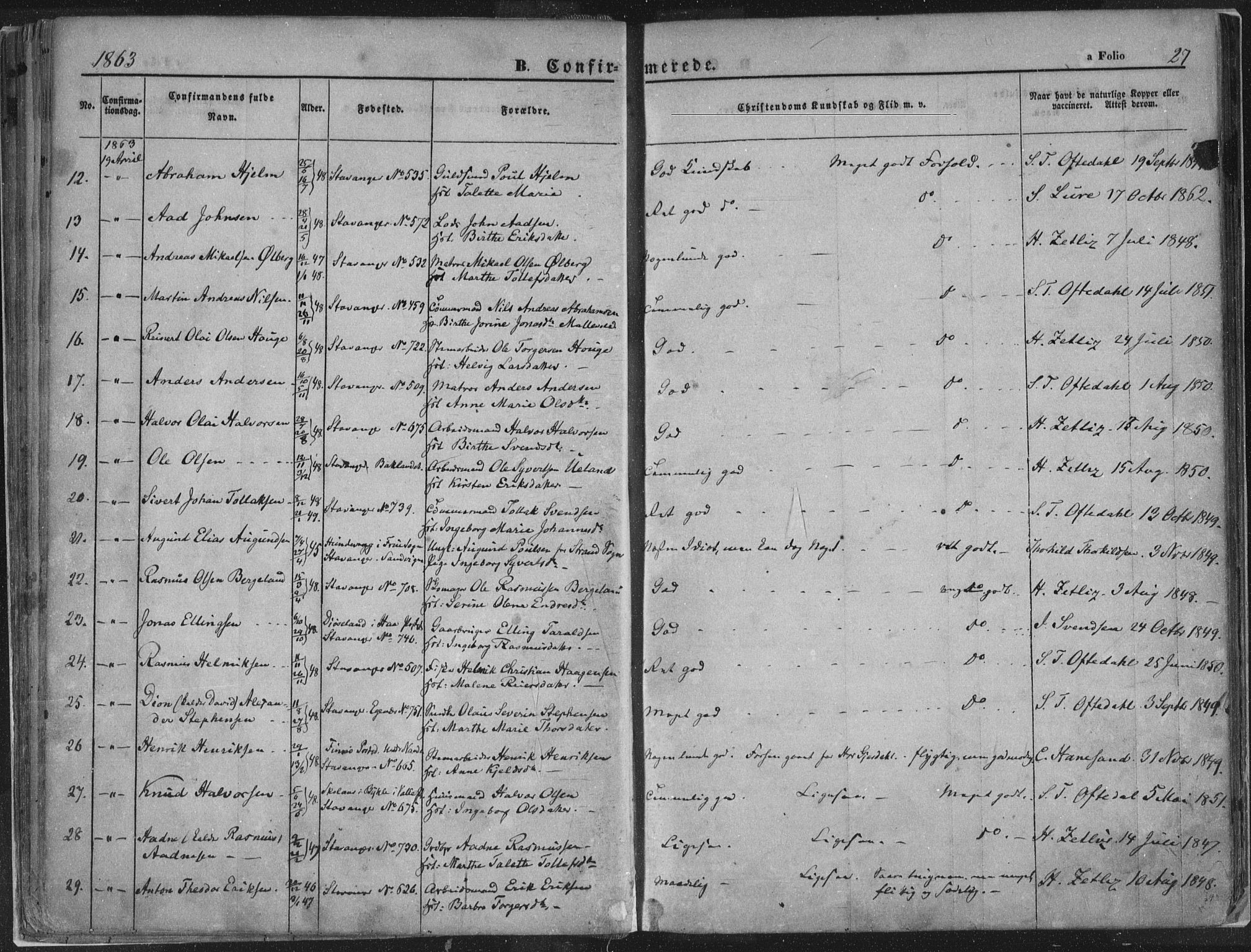 Domkirken sokneprestkontor, AV/SAST-A-101812/001/30/30BA/L0018: Parish register (official) no. A 17, 1857-1877, p. 27