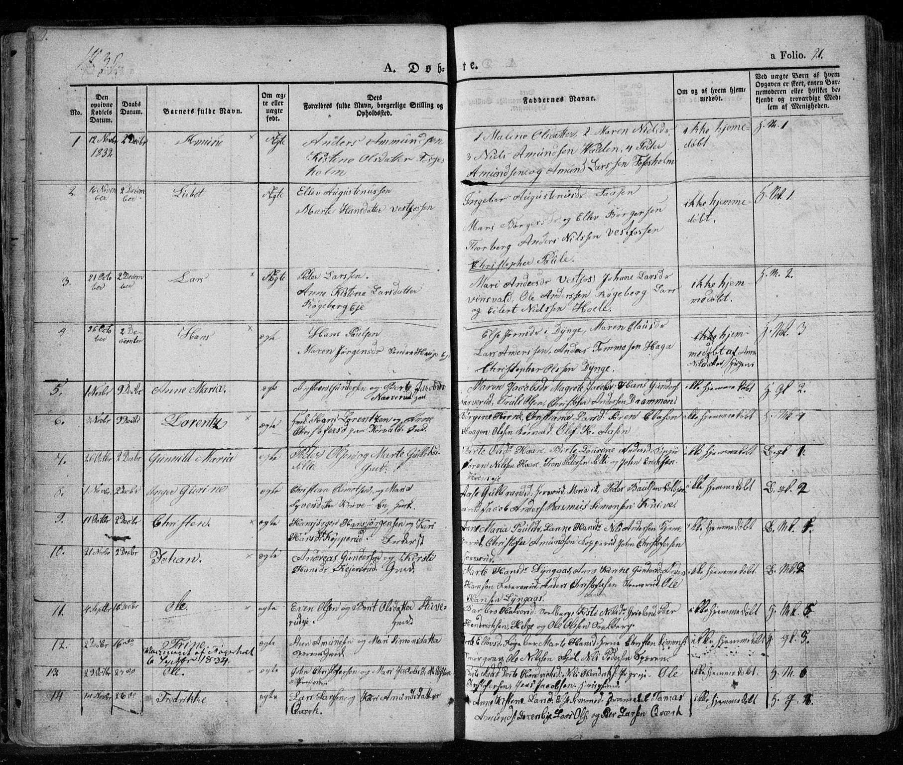 Eiker kirkebøker, SAKO/A-4/F/Fa/L0013a: Parish register (official) no. I 13A, 1832-1845, p. 21