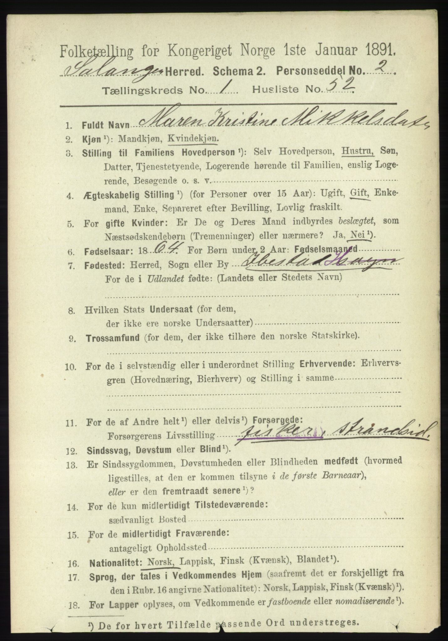 RA, 1891 census for 1921 Salangen, 1891, p. 446