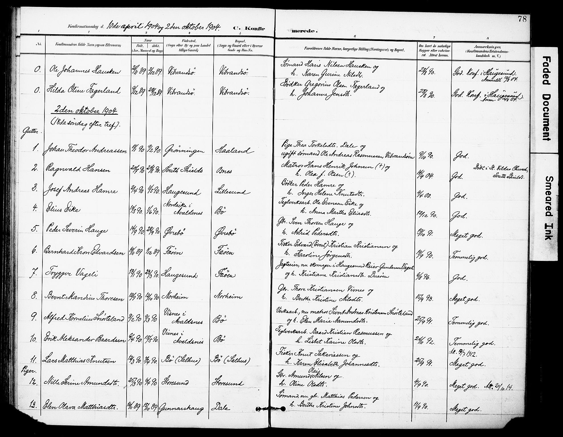 Torvastad sokneprestkontor, SAST/A -101857/H/Ha/Haa/L0017: Parish register (official) no. A 16, 1899-1911, p. 78
