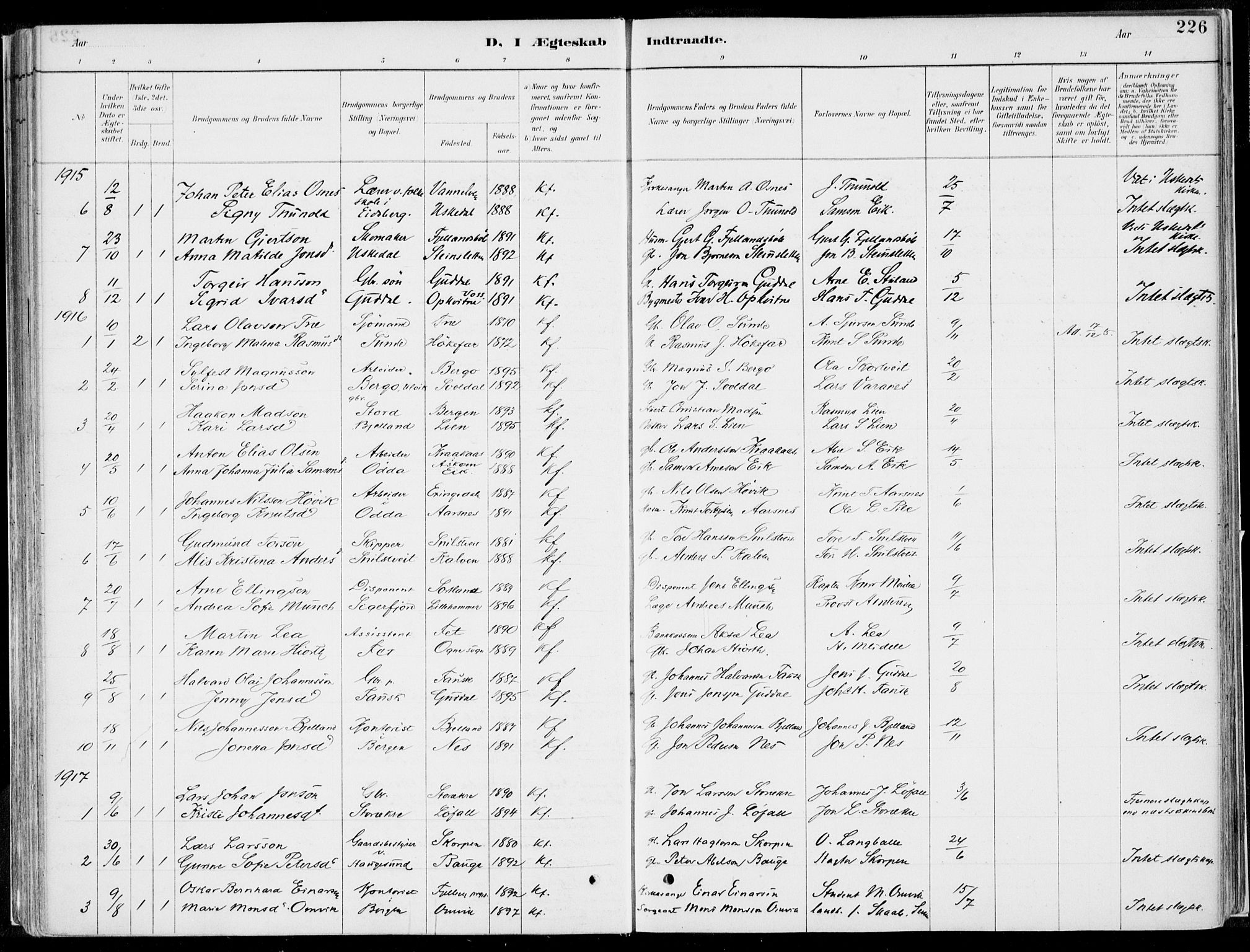 Kvinnherad sokneprestembete, SAB/A-76401/H/Haa: Parish register (official) no. B  1, 1887-1921, p. 226