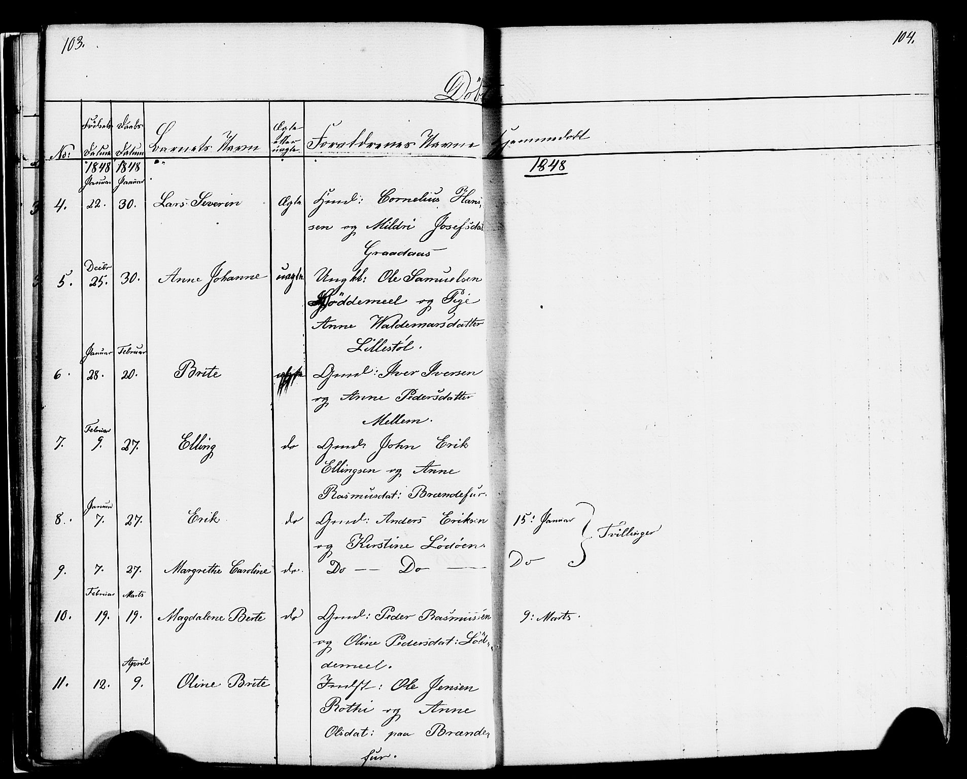 Hornindal sokneprestembete, AV/SAB-A-82401/H/Haa/Haaa/L0001: Parish register (official) no. A 1, 1837-1866, p. 104-105