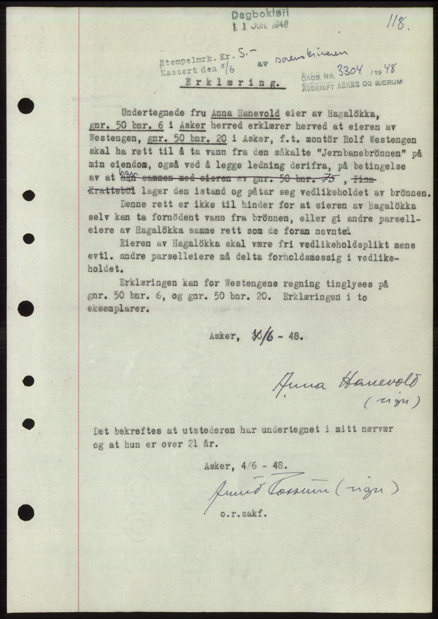 Asker og Bærum sorenskriveri, AV/SAO-A-10379a/G/Gb/Gbb/L0002: Mortgage book no. B87, 1948-1948, Diary no: : 3304/1948