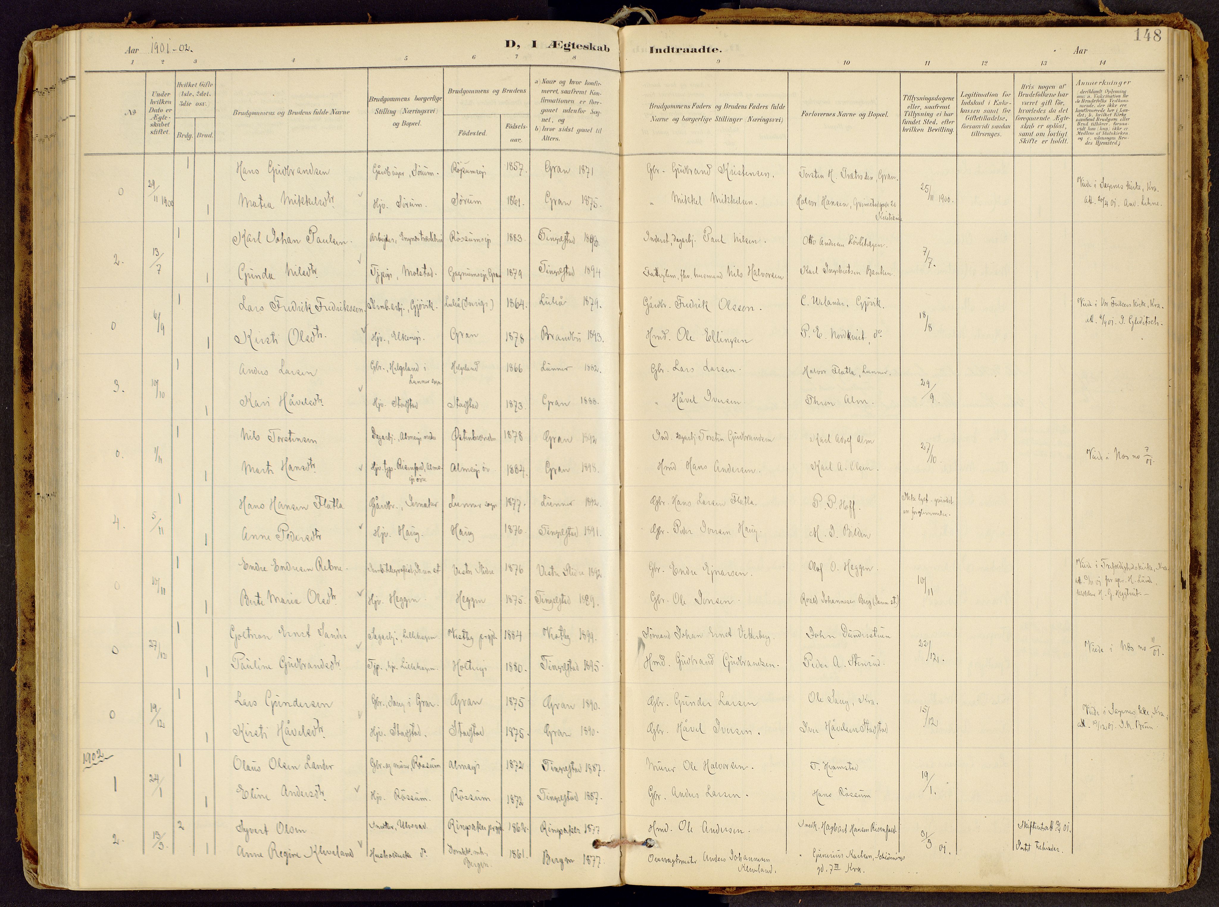Brandbu prestekontor, SAH/PREST-114/H/Ha/Haa/L0002: Parish register (official) no. 2, 1899-1914, p. 148