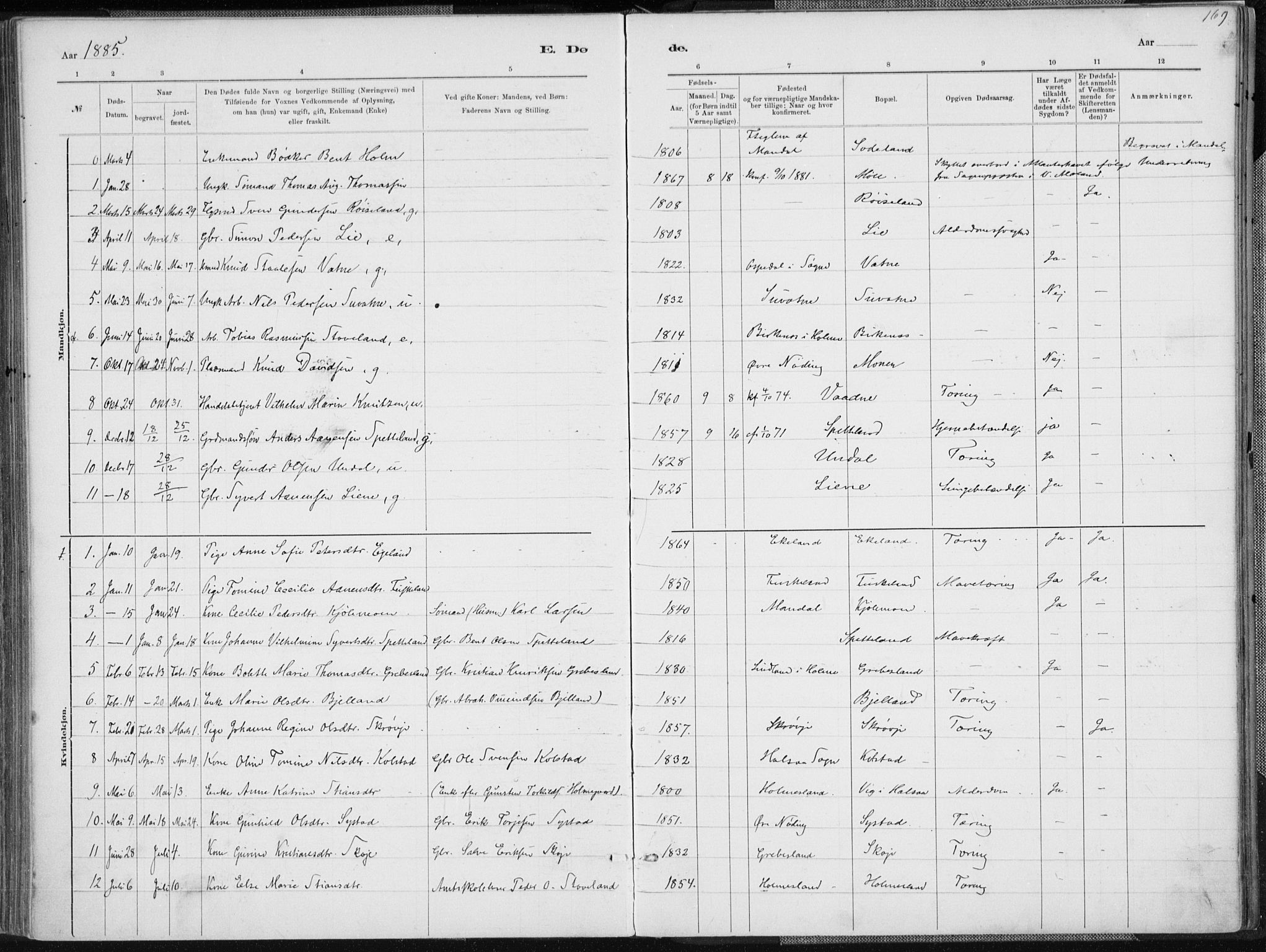 Holum sokneprestkontor, SAK/1111-0022/F/Fa/Faa/L0007: Parish register (official) no. A 7, 1884-1907, p. 169
