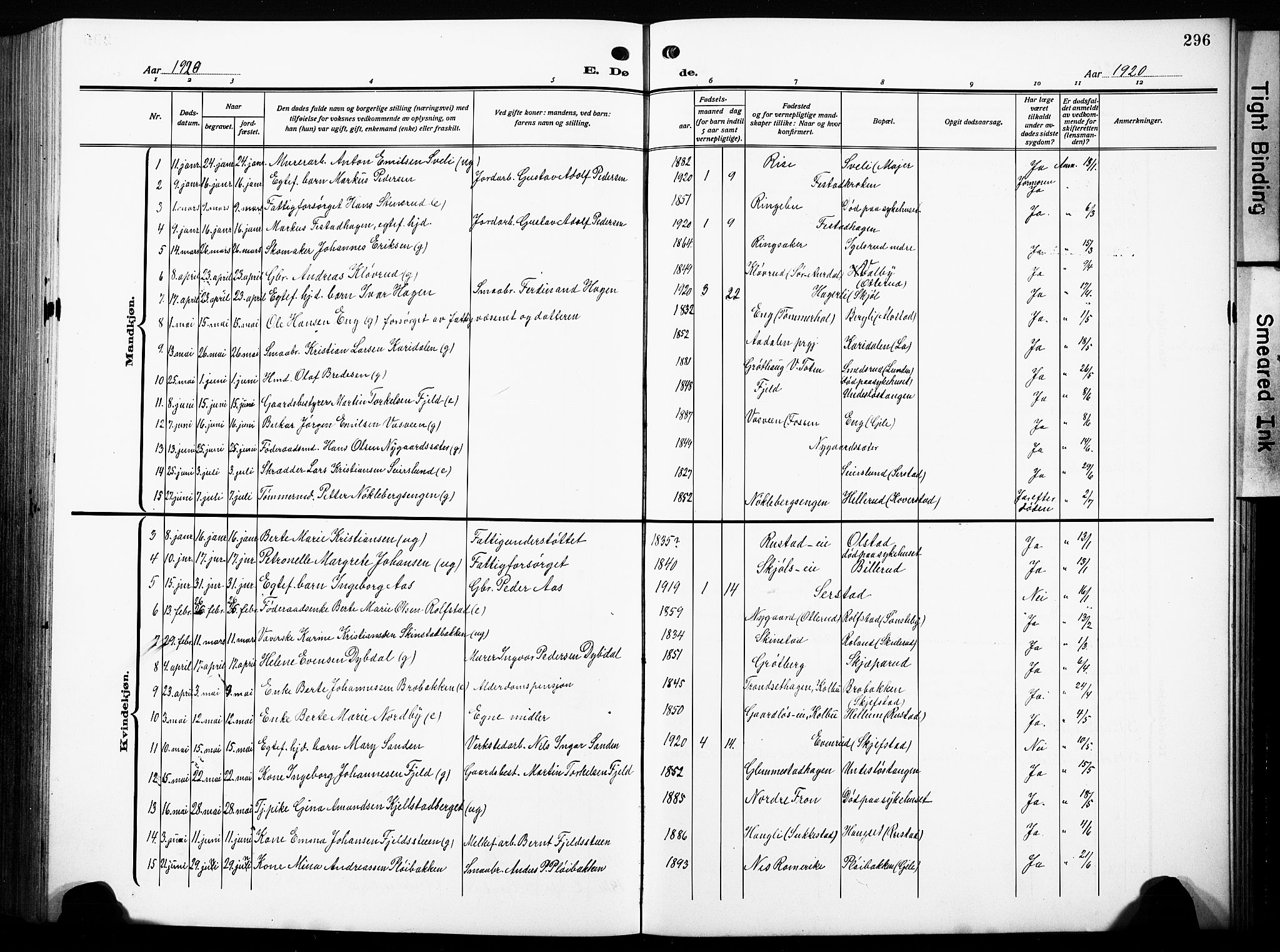 Østre Toten prestekontor, SAH/PREST-104/H/Ha/Hab/L0010: Parish register (copy) no. 10, 1912-1933, p. 296