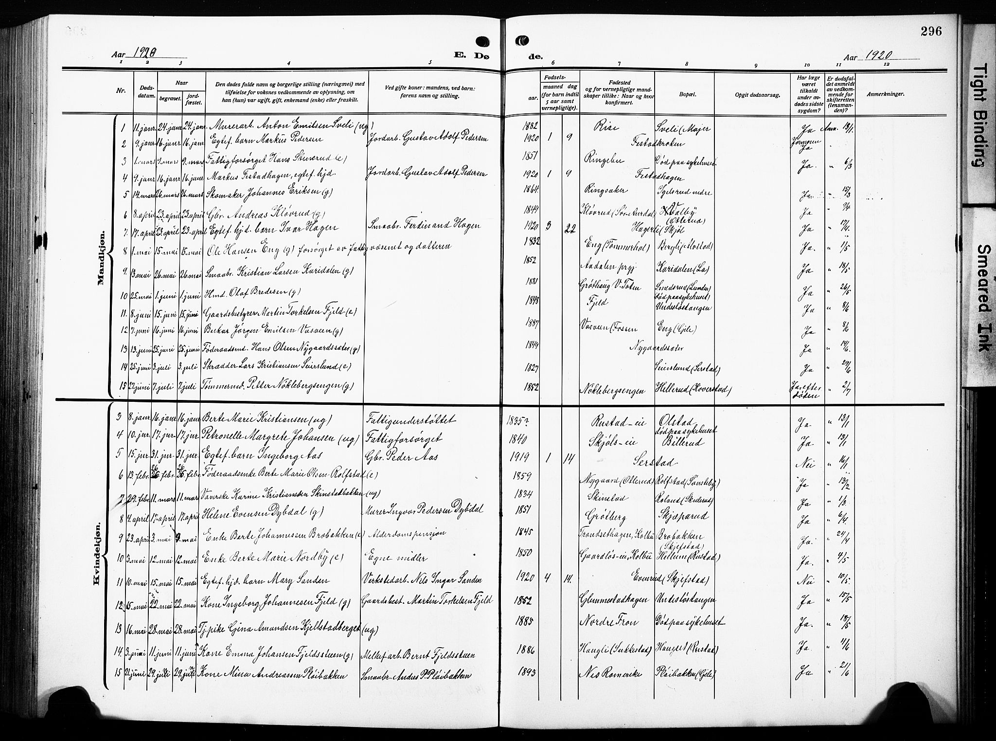 Østre Toten prestekontor, AV/SAH-PREST-104/H/Ha/Hab/L0010: Parish register (copy) no. 10, 1912-1933, p. 296