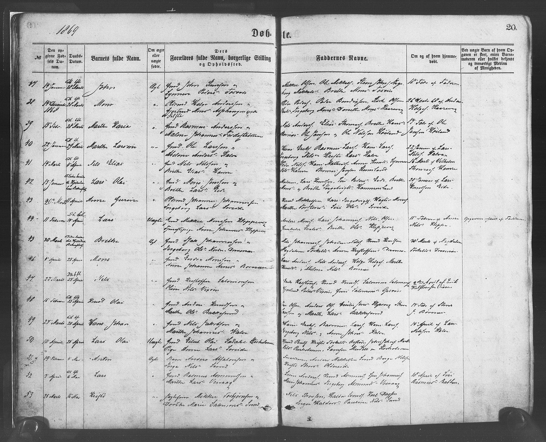 Sund sokneprestembete, AV/SAB-A-99930: Parish register (official) no. A 15, 1867-1881, p. 20