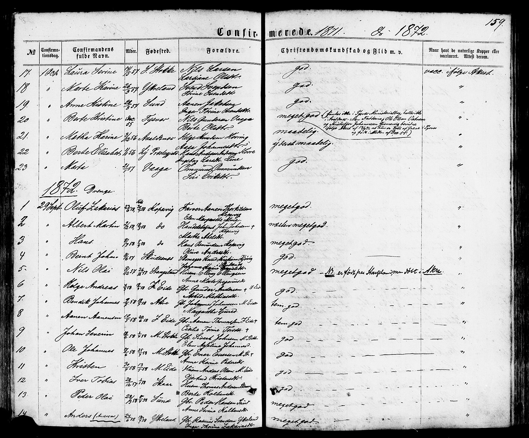 Avaldsnes sokneprestkontor, SAST/A -101851/H/Ha/Haa/L0011: Parish register (official) no. A 11, 1861-1880, p. 159