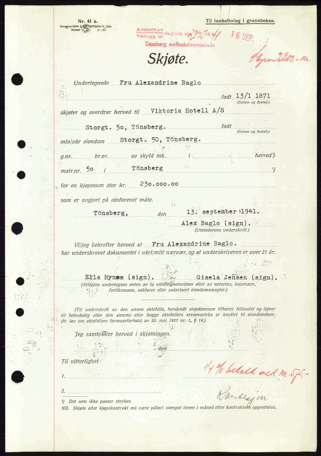 Tønsberg sorenskriveri, AV/SAKO-A-130/G/Ga/Gaa/L0010: Mortgage book no. A10, 1941-1941, Diary no: : 2395/1941