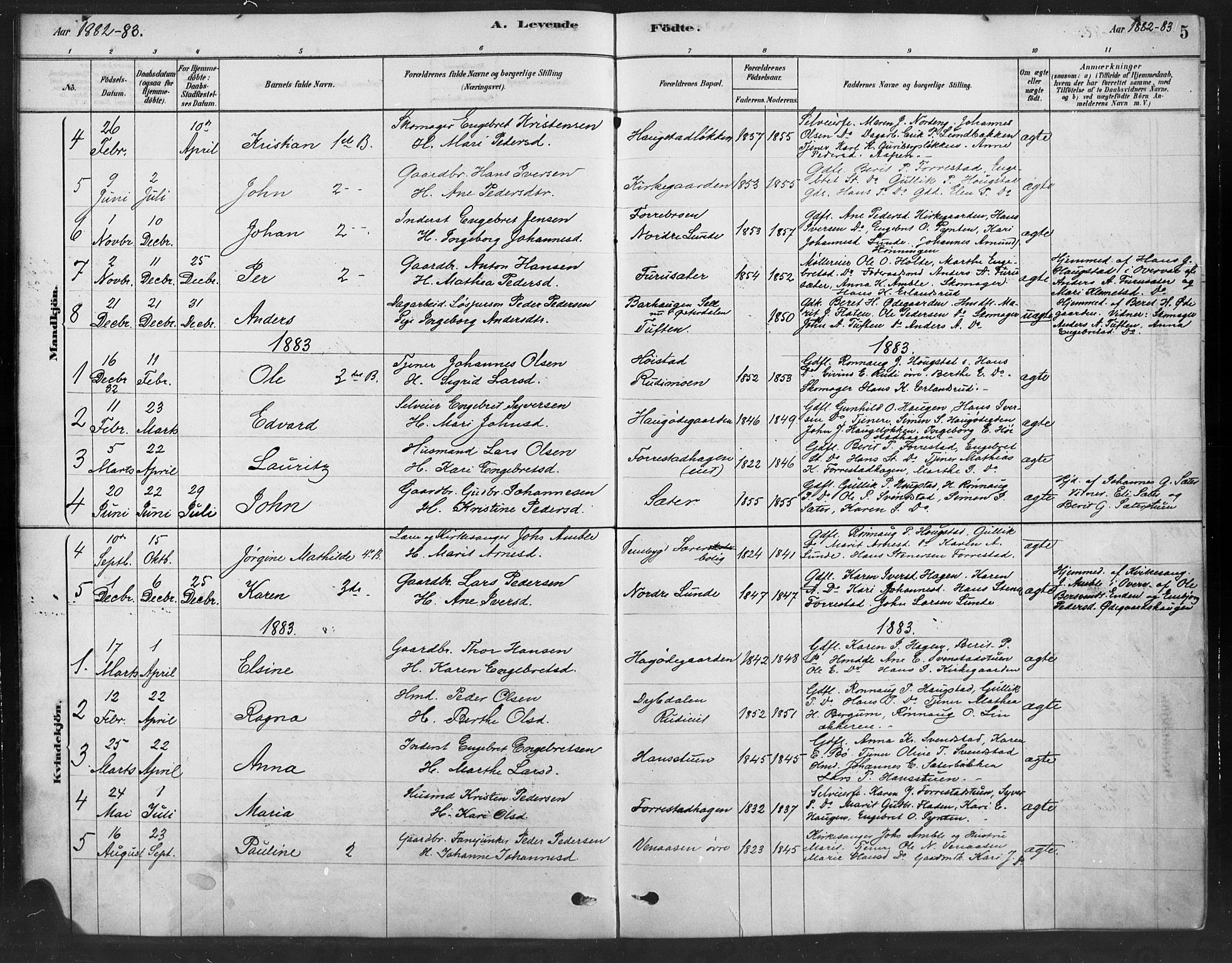 Ringebu prestekontor, SAH/PREST-082/H/Ha/Haa/L0010: Parish register (official) no. 10, 1878-1898, p. 5
