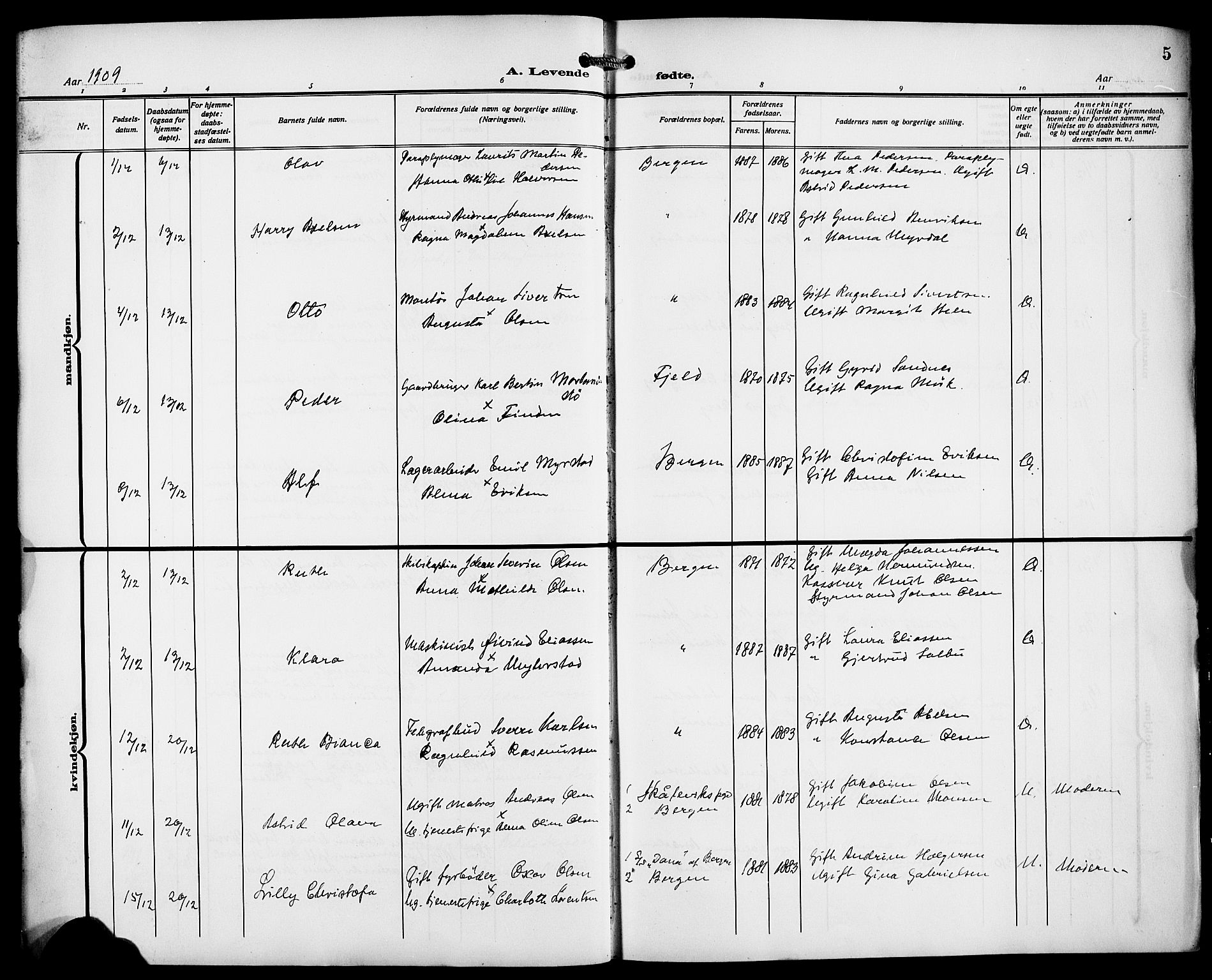 Fødselsstiftelsens sokneprestembete*, SAB/-: Parish register (copy) no. A 2, 1909-1916, p. 5