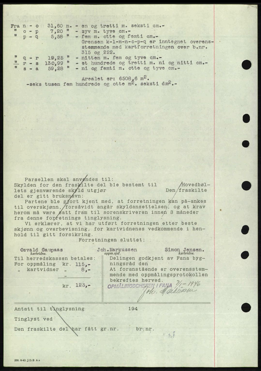 Midhordland sorenskriveri, AV/SAB-A-3001/1/G/Gb/Gbj/L0022: Mortgage book no. A41-43, 1946-1946, Diary no: : 71/1946