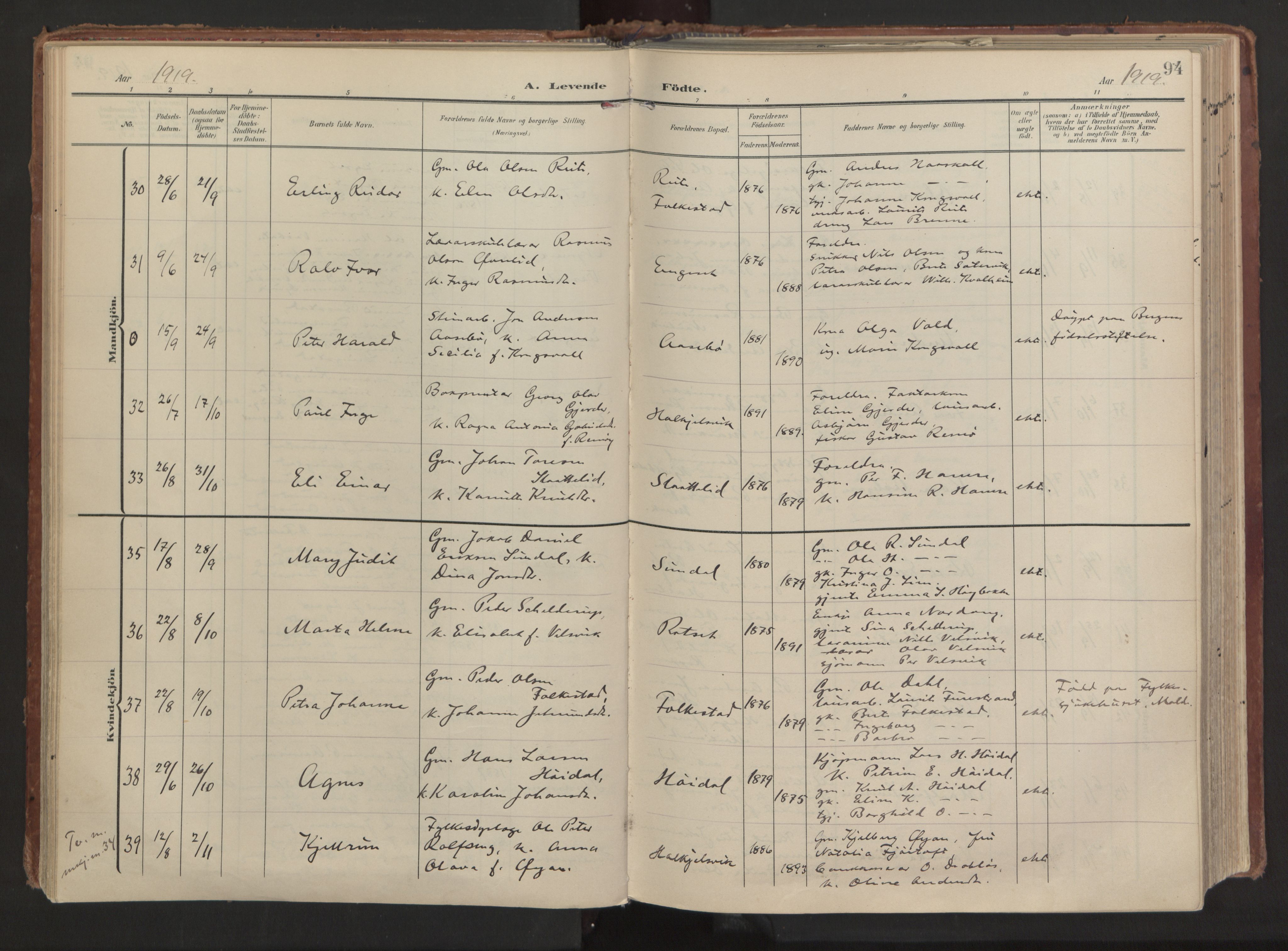 Ministerialprotokoller, klokkerbøker og fødselsregistre - Møre og Romsdal, AV/SAT-A-1454/511/L0144: Parish register (official) no. 511A11, 1906-1923, p. 94