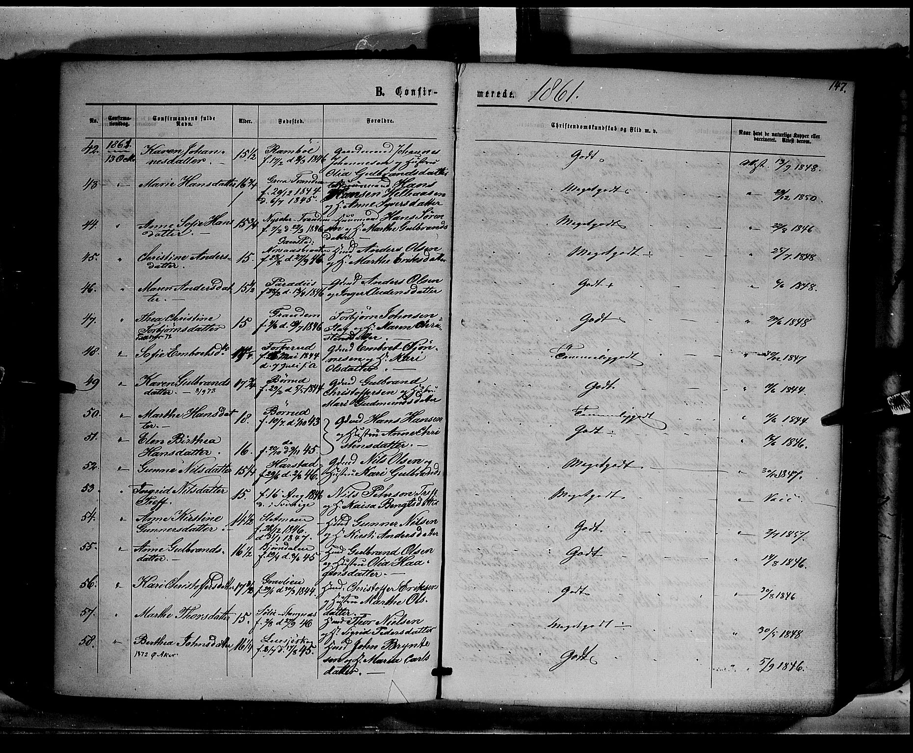 Eidskog prestekontor, AV/SAH-PREST-026/H/Ha/Haa/L0001: Parish register (official) no. 1, 1860-1867, p. 147