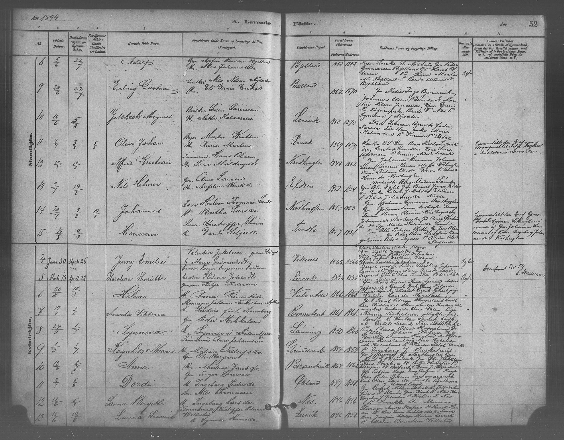 Stord sokneprestembete, SAB/A-78201/H/Hab: Parish register (copy) no. A 2, 1879-1909, p. 52