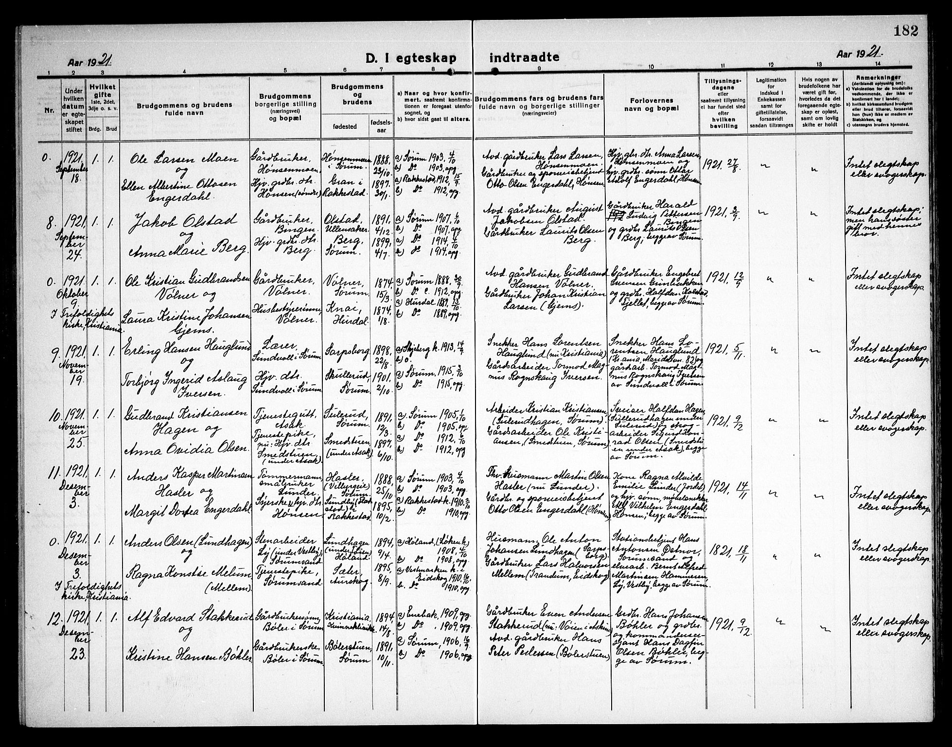 Sørum prestekontor Kirkebøker, AV/SAO-A-10303/G/Ga/L0008: Parish register (copy) no. I 8, 1917-1934, p. 182