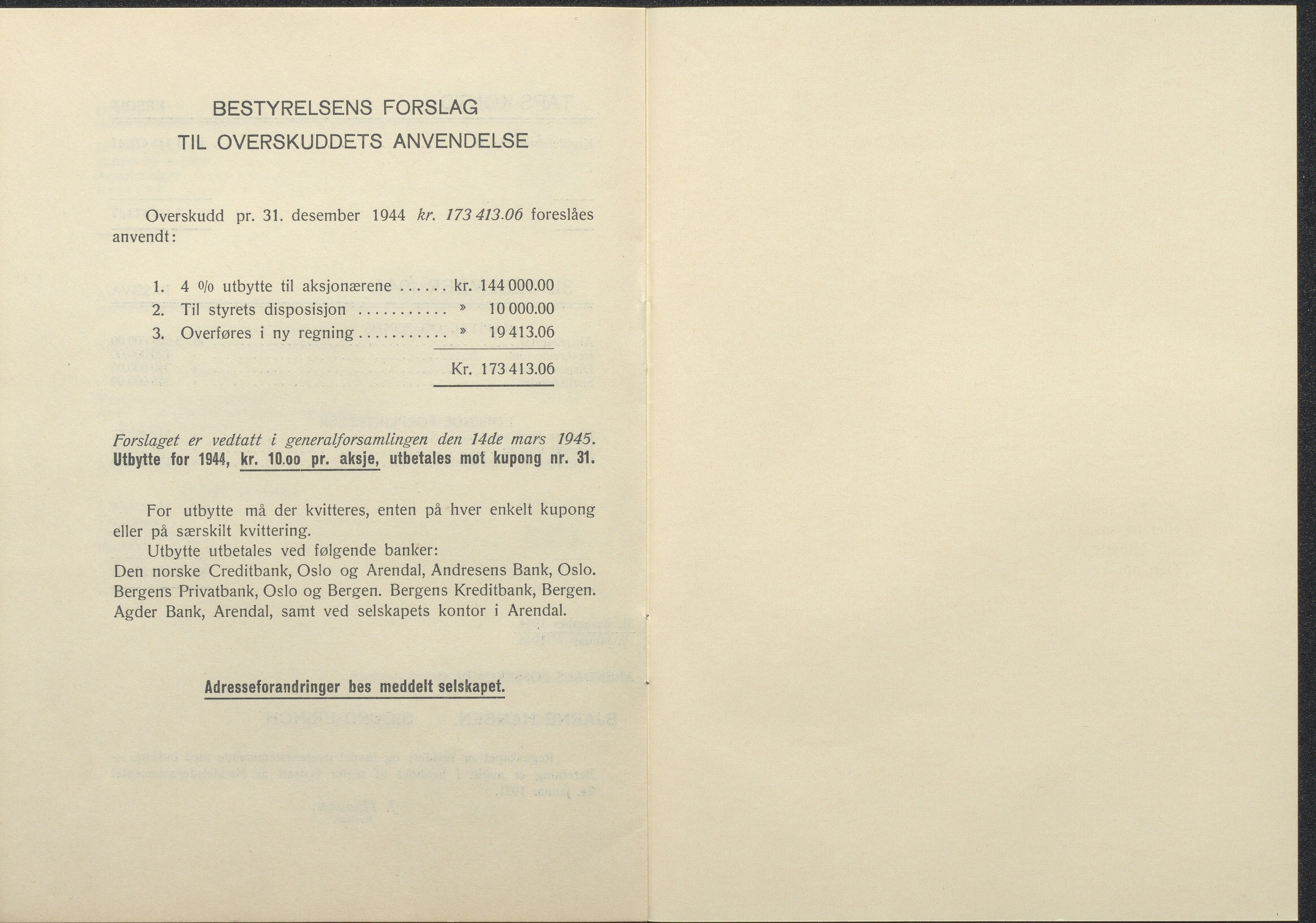 Arendals Fossekompani, AAKS/PA-2413/X/X01/L0001/0011: Beretninger, regnskap, balansekonto, gevinst- og tapskonto / Regnskap 1943 - 1944, 1943-1944