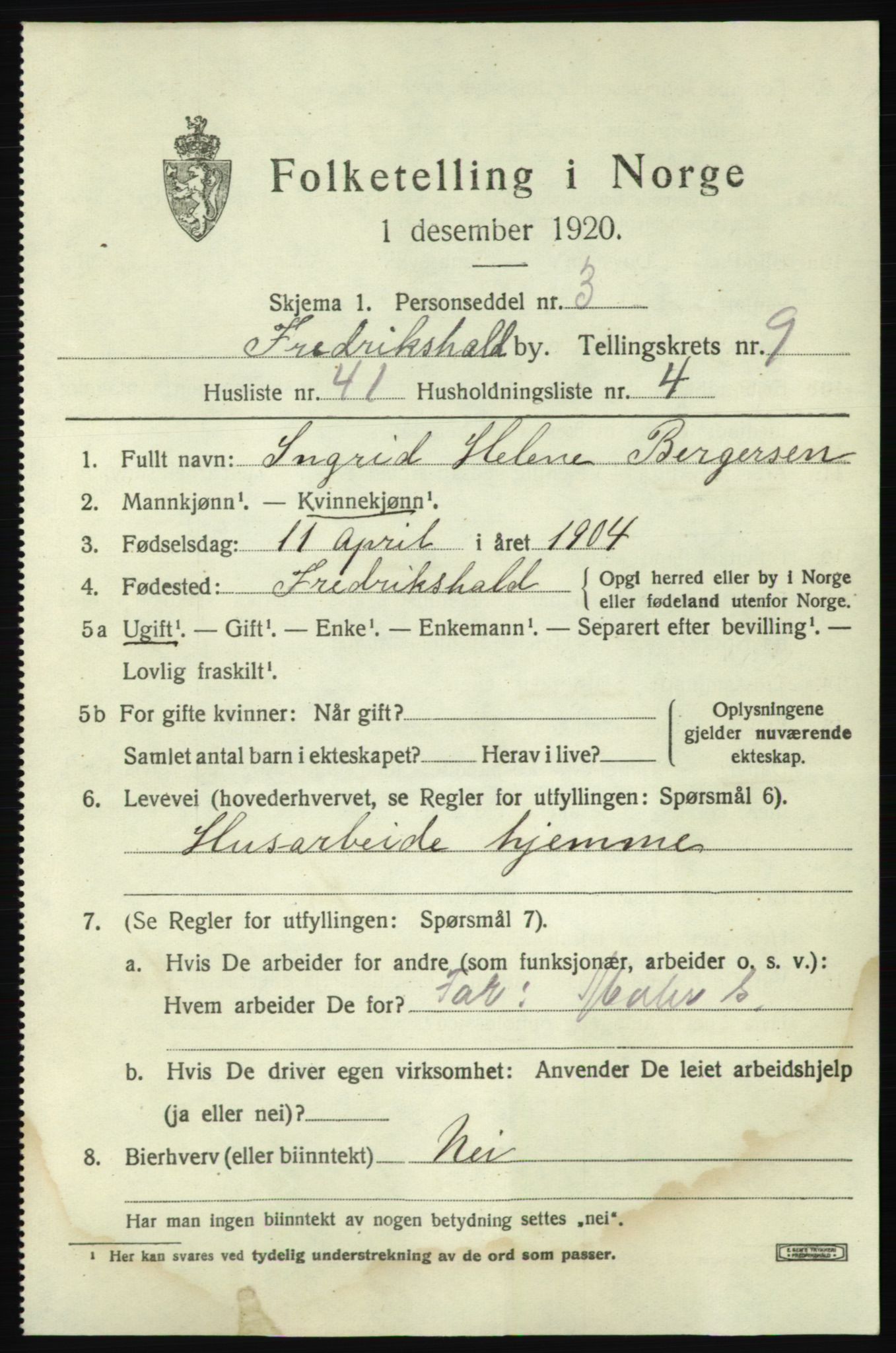 SAO, 1920 census for Fredrikshald, 1920, p. 16831