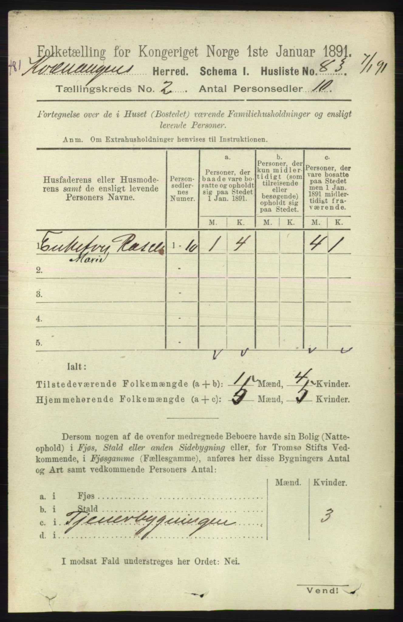 RA, 1891 census for 1943 Kvænangen, 1891, p. 407