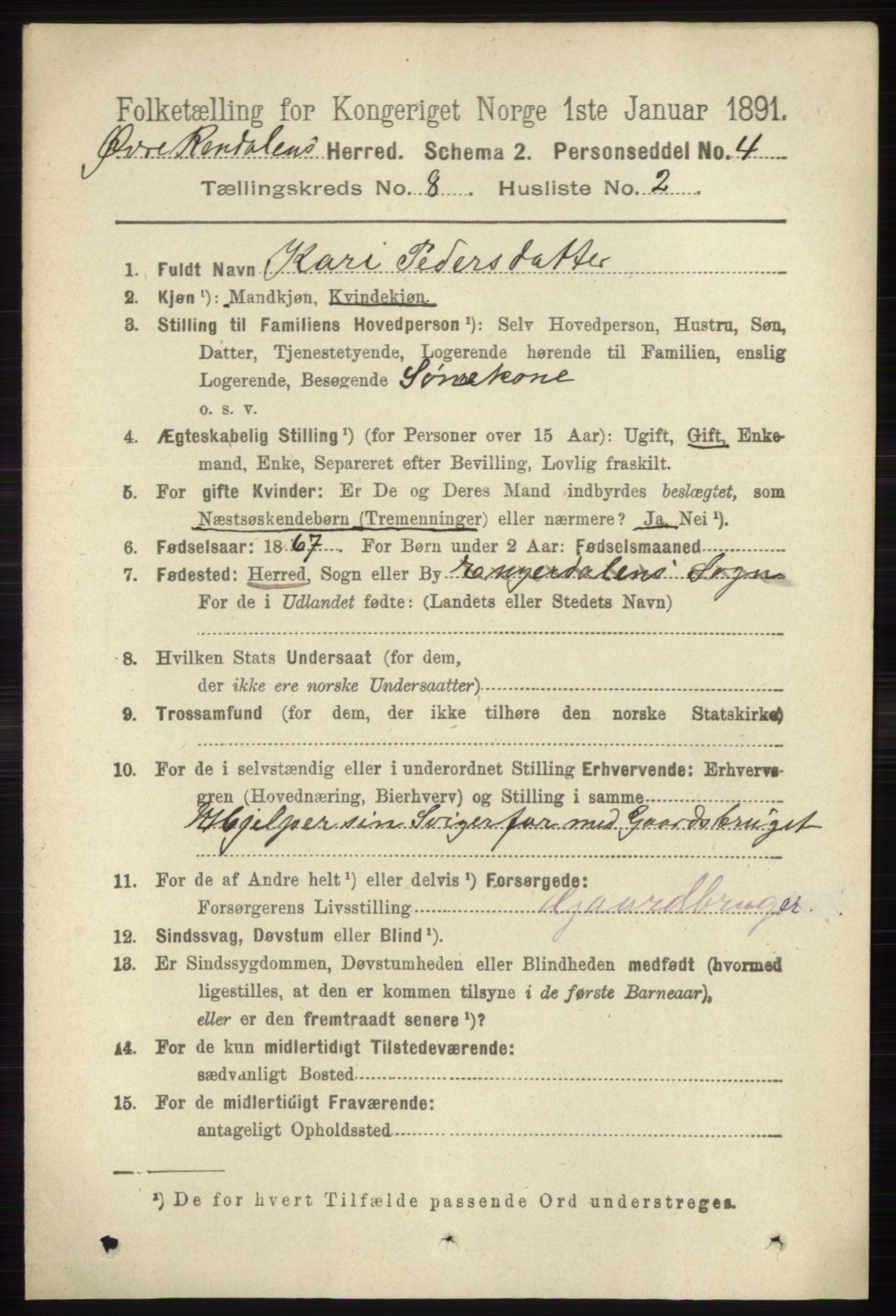 RA, 1891 census for 0433 Øvre Rendal, 1891, p. 2003