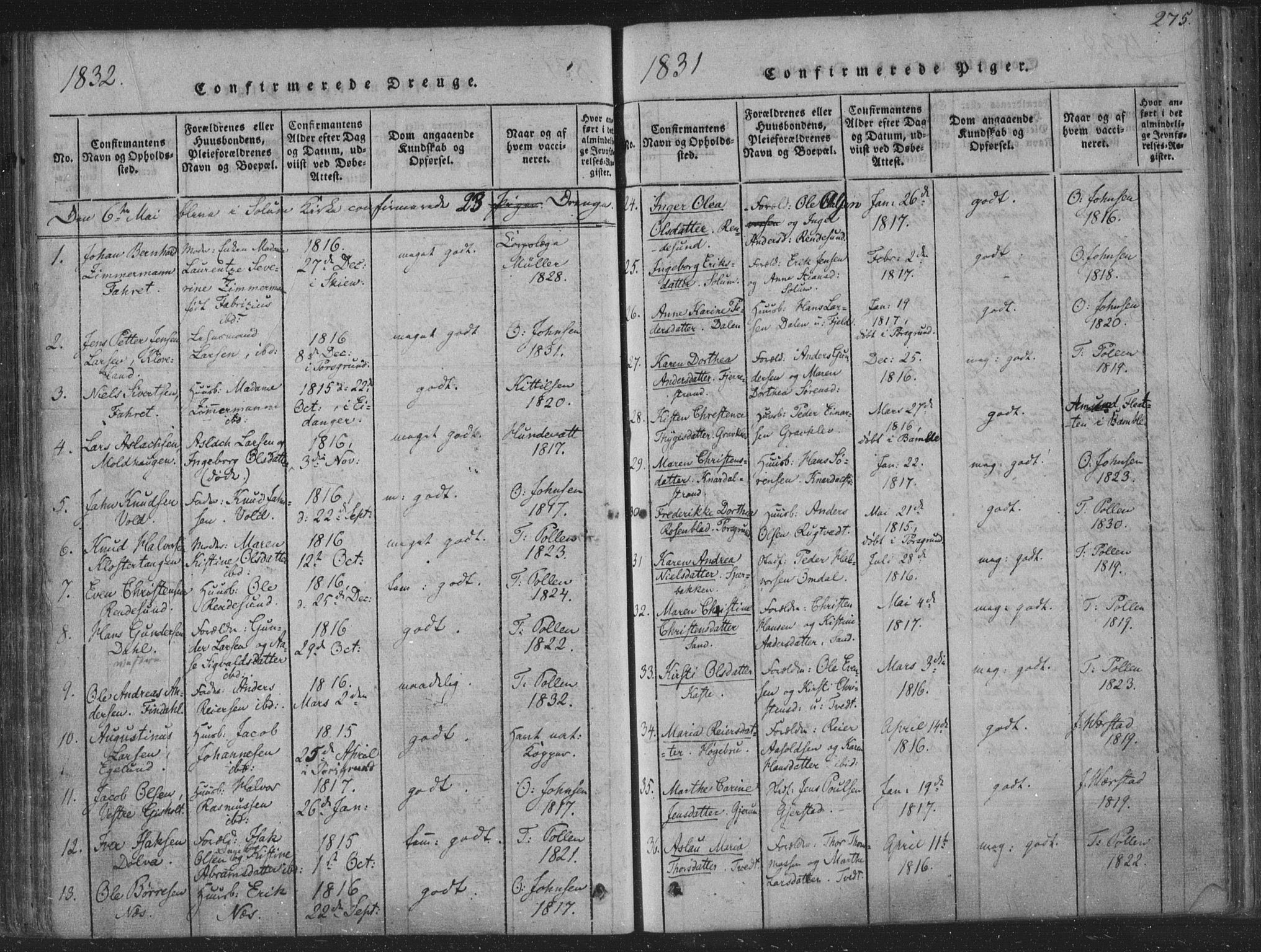 Solum kirkebøker, SAKO/A-306/F/Fa/L0004: Parish register (official) no. I 4, 1814-1833, p. 275