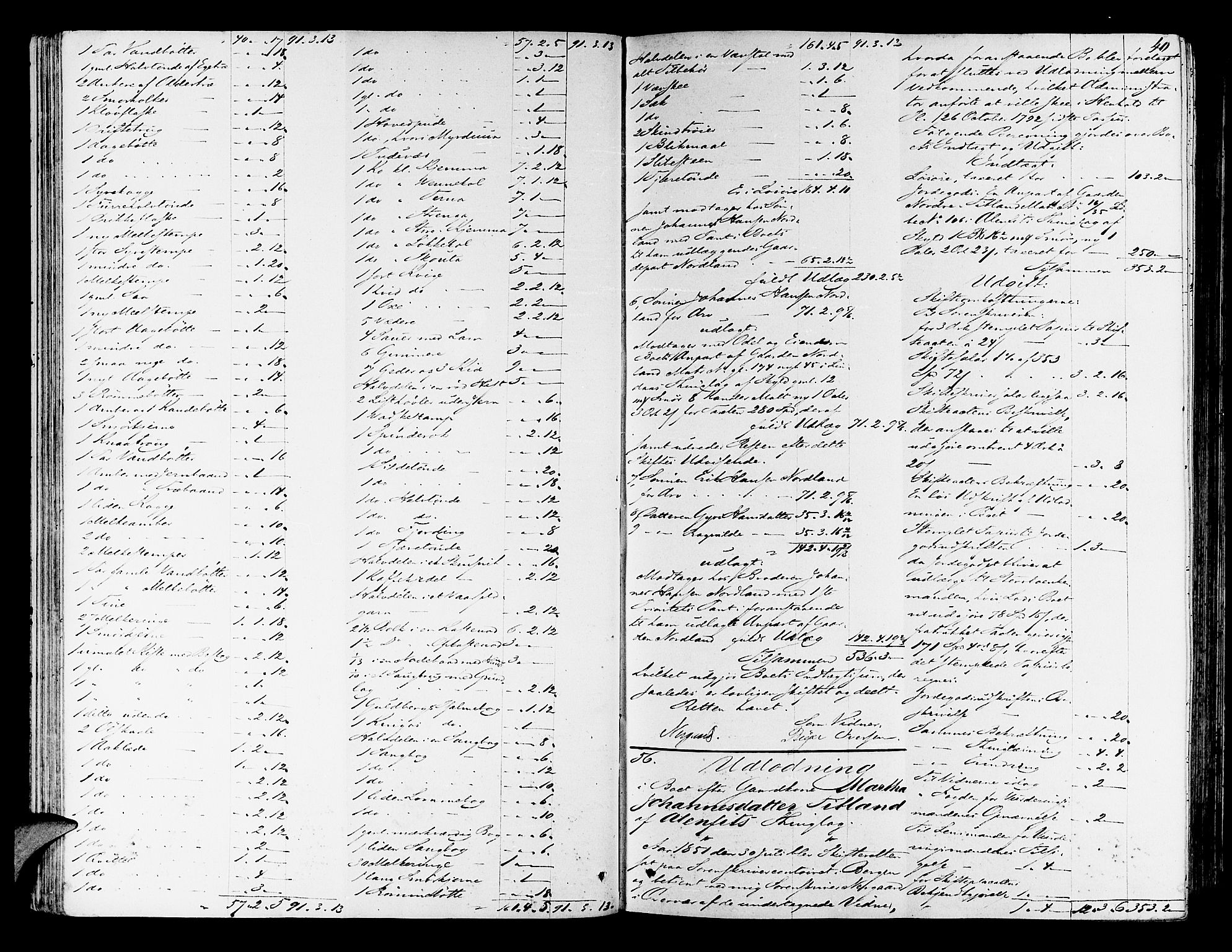 Nordhordland sorenskrivar, AV/SAB-A-2901/1/H/Hd/Hda/L0005: Skifteutlodningsprotokollar, 1851-1857, p. 39b-40a
