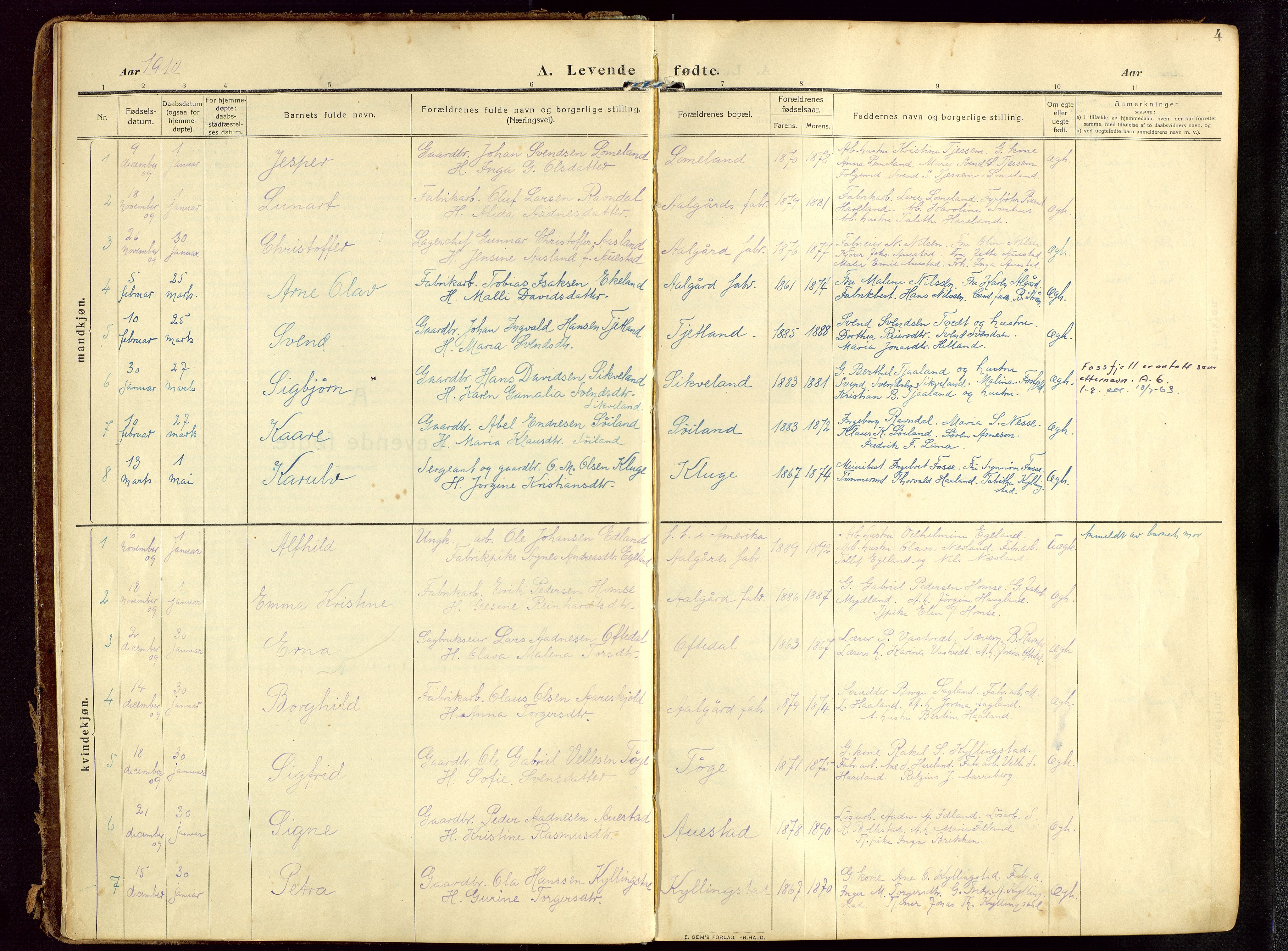 Lye sokneprestkontor, SAST/A-101794/002/B/L0001: Parish register (official) no. A 13, 1910-1925, p. 4
