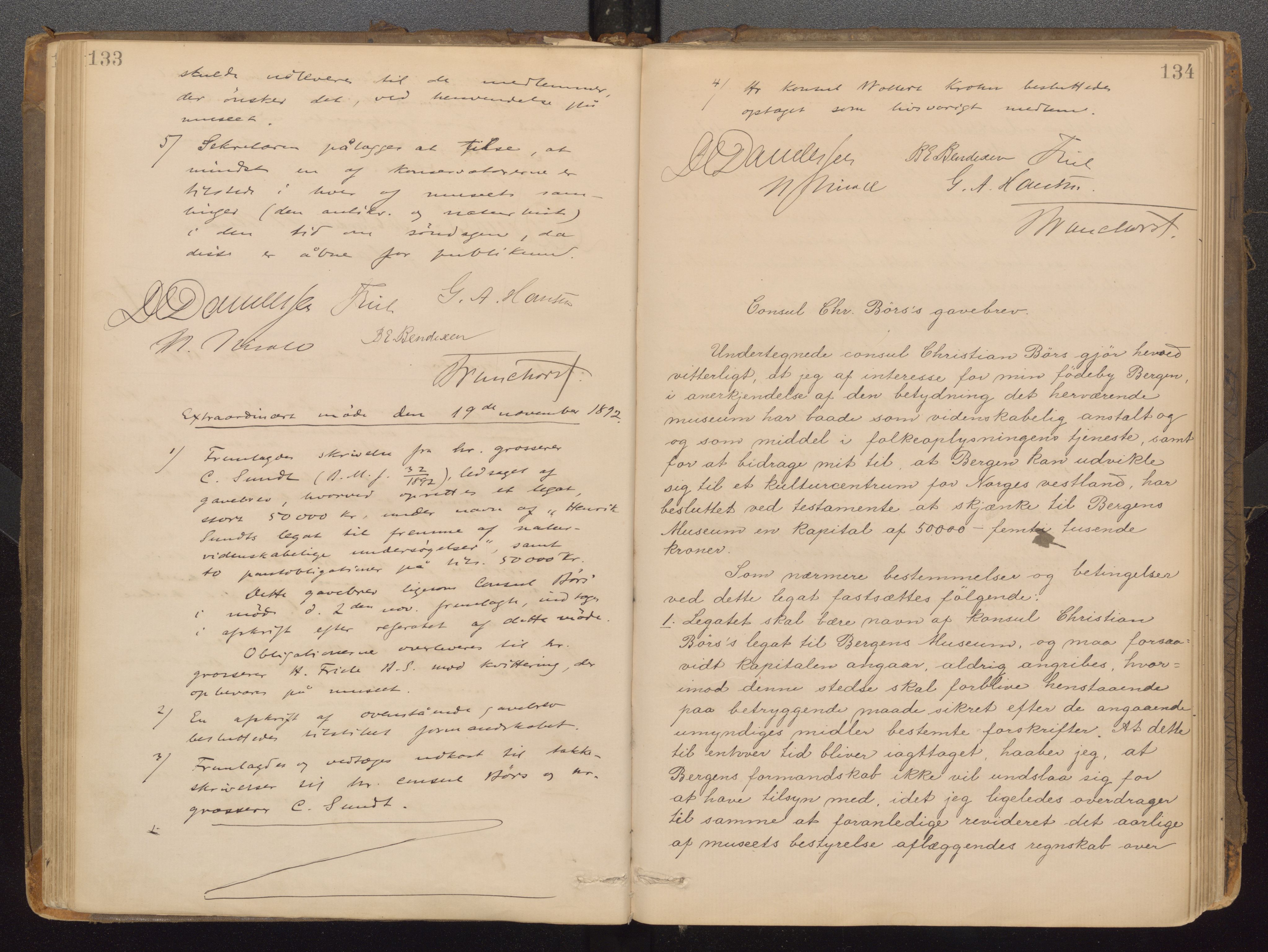 Bergens Museum, UMB/A007/A/Aa/L0007: Forhandlingsprotokoll , 1872-1906, p. 133,134