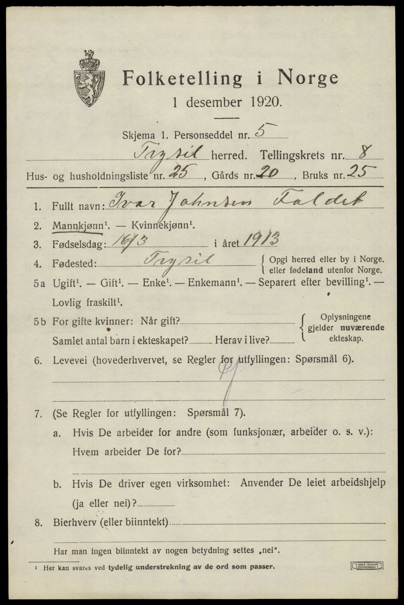 SAH, 1920 census for Trysil, 1920, p. 6537