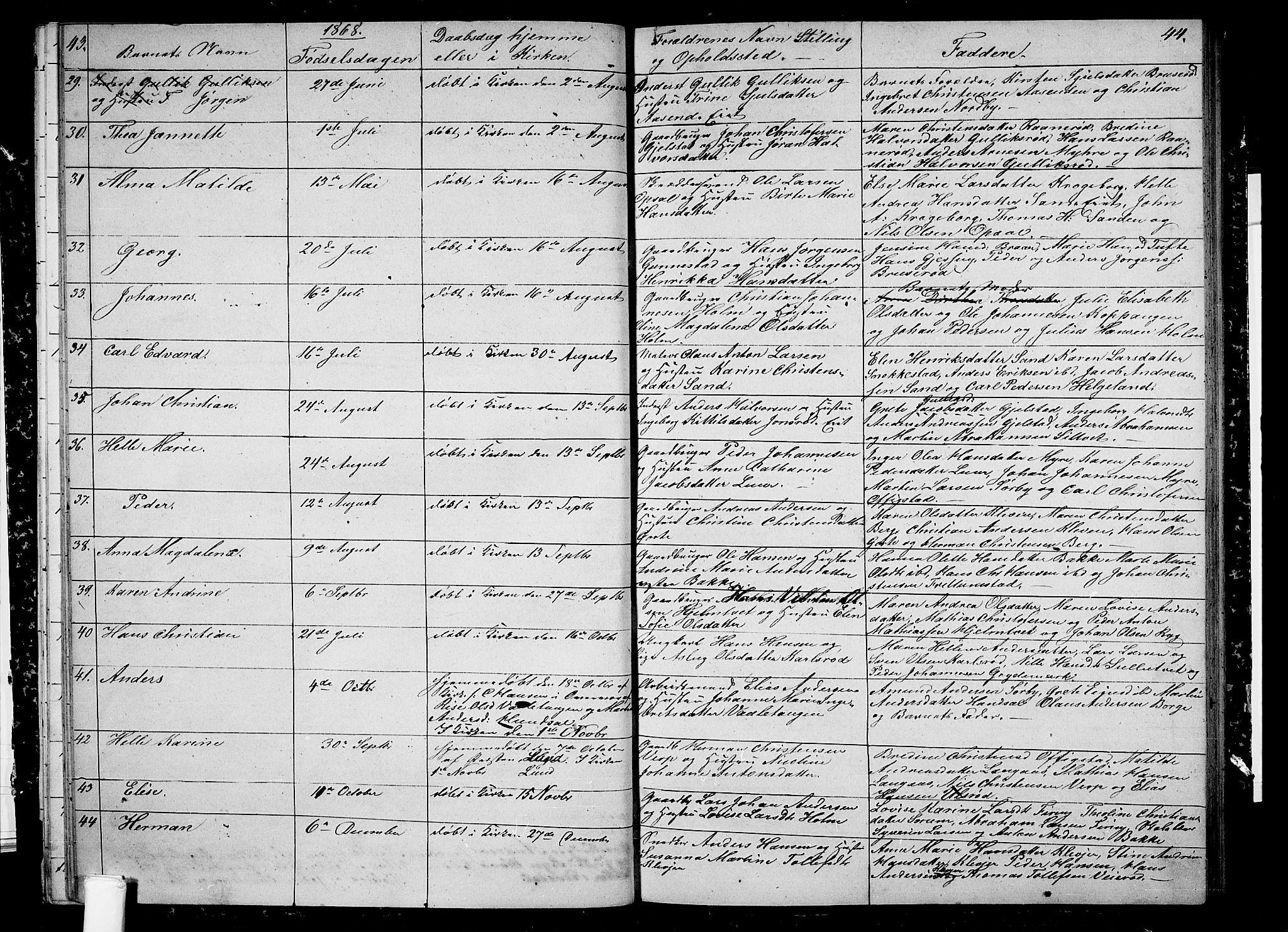 Våle kirkebøker, SAKO/A-334/G/Ga/L0003: Parish register (copy) no. I 3, 1863-1874, p. 43-44