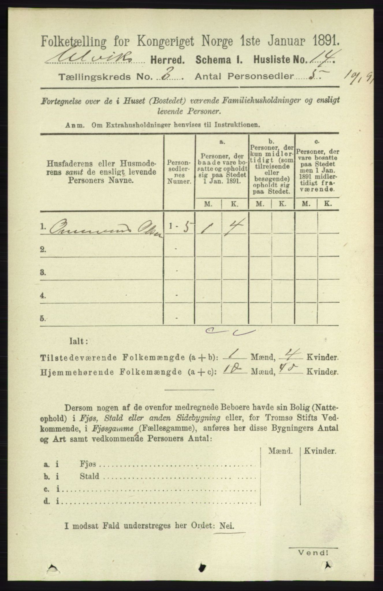 RA, 1891 census for 1233 Ulvik, 1891, p. 330