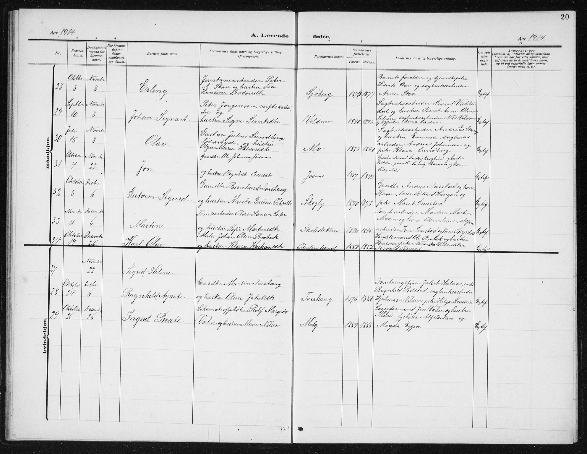 Ministerialprotokoller, klokkerbøker og fødselsregistre - Sør-Trøndelag, SAT/A-1456/617/L0431: Parish register (copy) no. 617C02, 1910-1936, p. 20