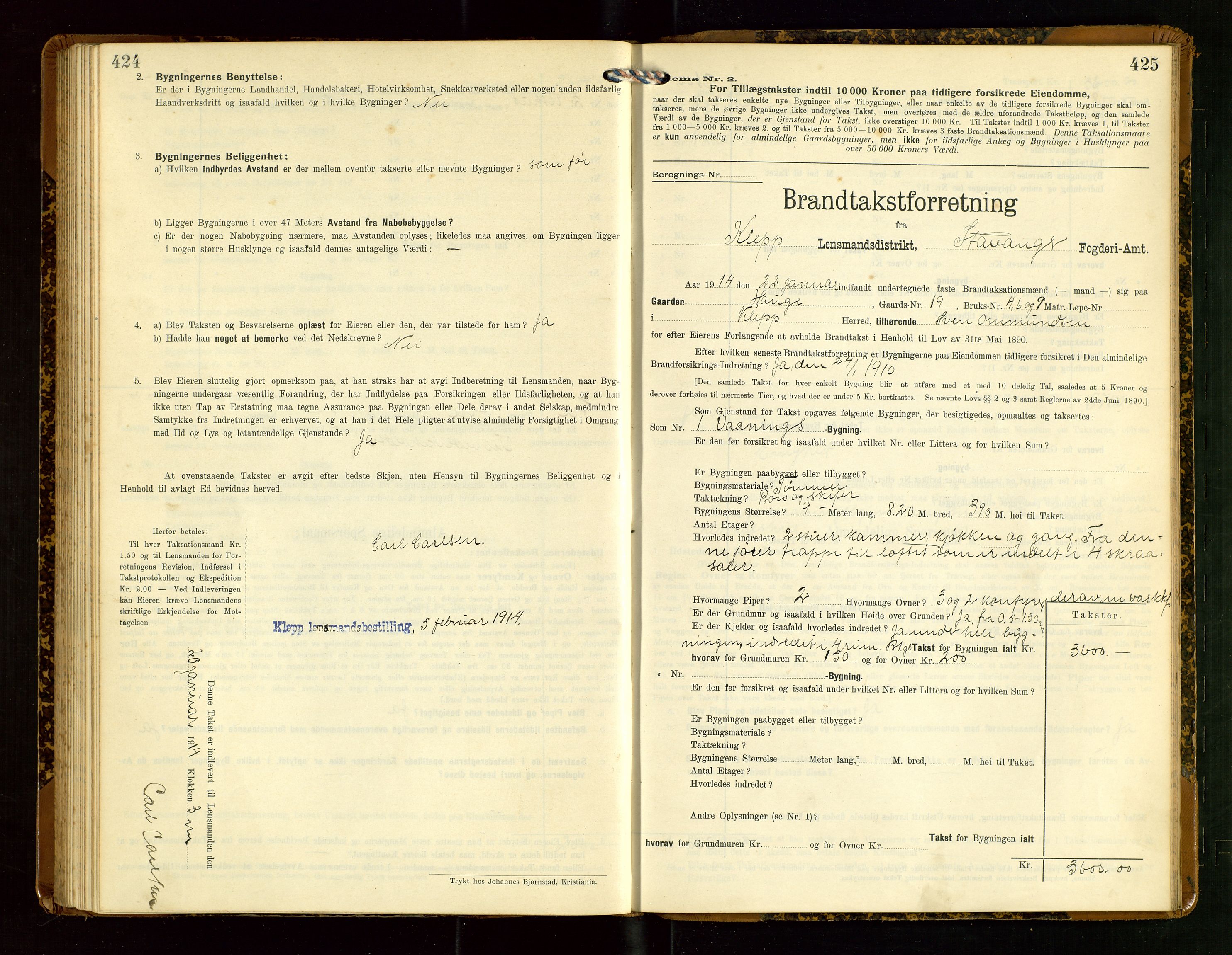 Klepp lensmannskontor, AV/SAST-A-100163/Goc/L0007: "Brandtaxationsprotokol" m/register, 1911-1915, p. 424-425