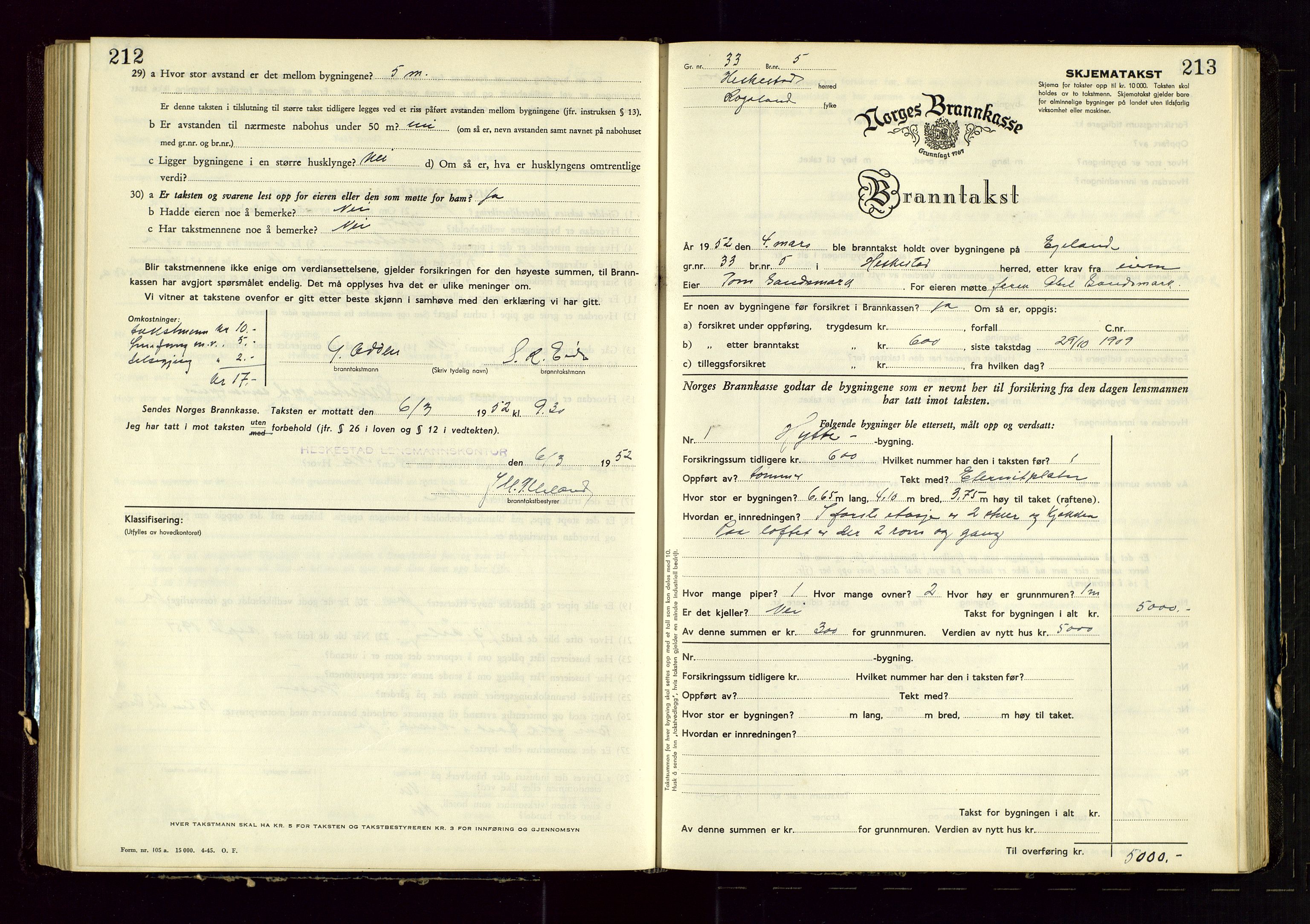 Heskestad lensmannskontor, AV/SAST-A-100304/Gob/L0005: "Brandtakstprotokoll", 1946-1955, p. 212-213