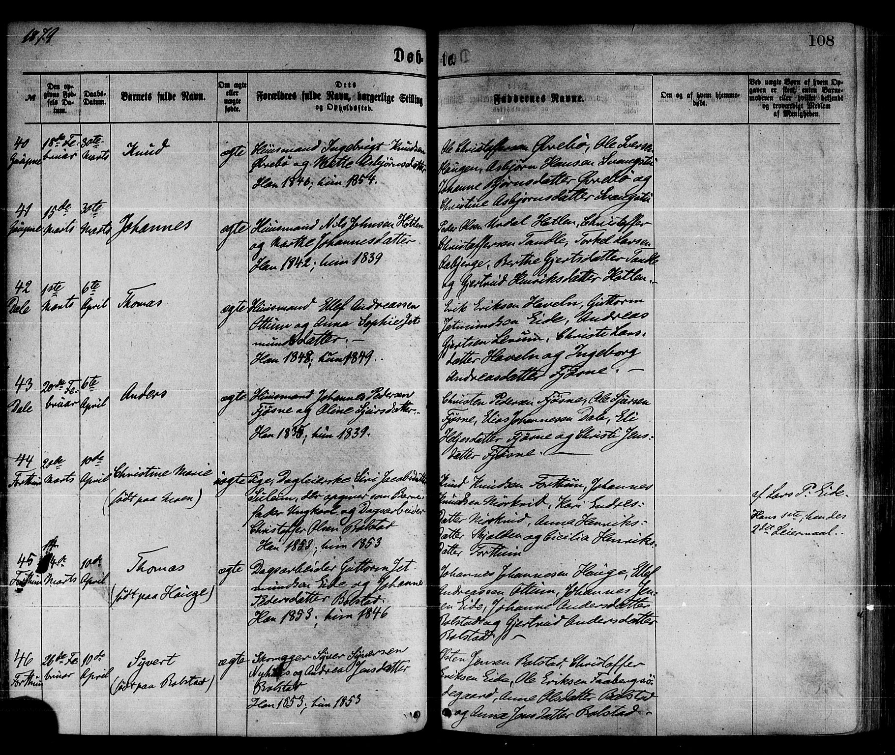 Luster sokneprestembete, SAB/A-81101/H/Haa/Haaa/L0010: Parish register (official) no. A 10, 1871-1886, p. 108