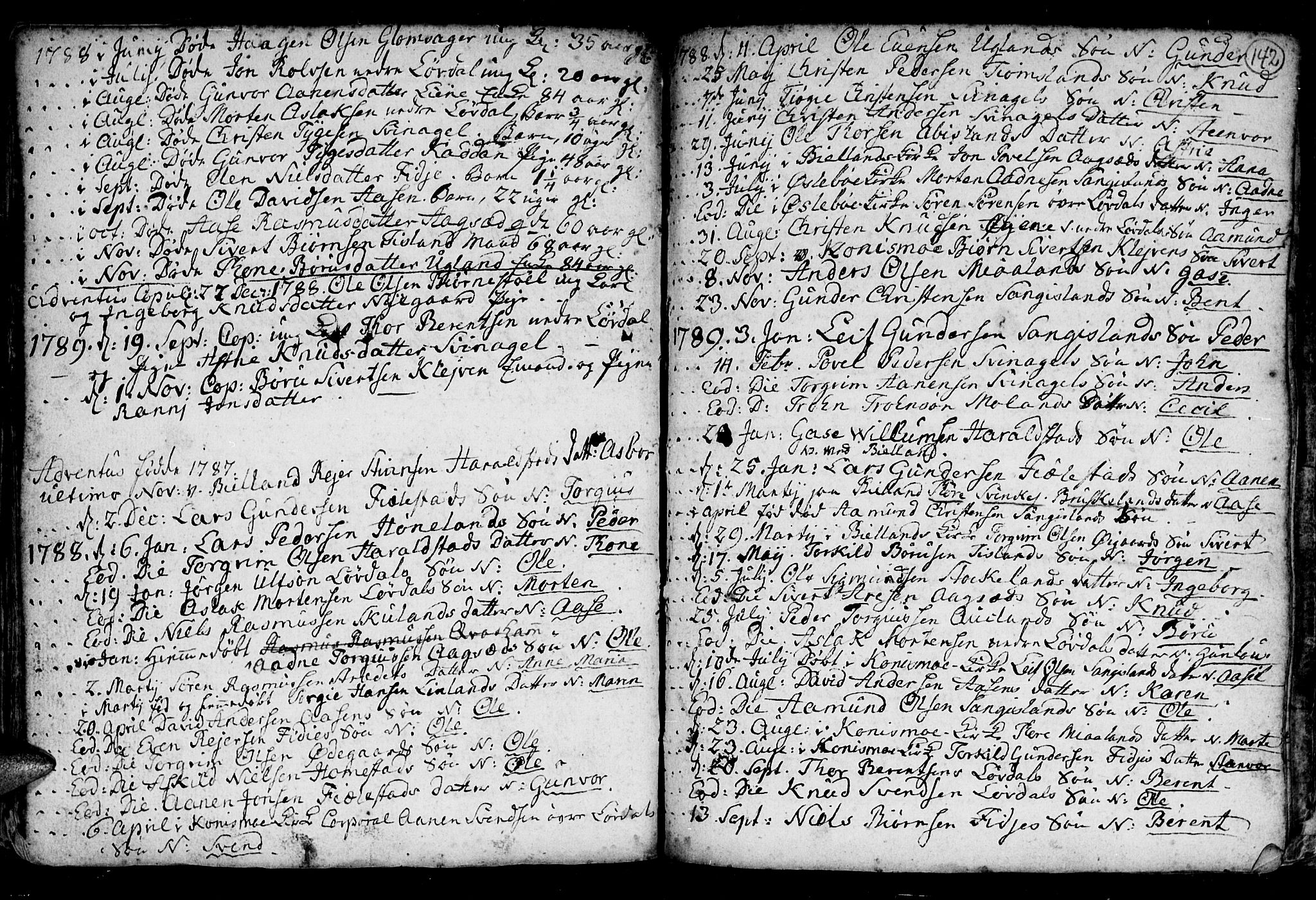 Holum sokneprestkontor, SAK/1111-0022/F/Fb/Fba/L0001: Parish register (copy) no. B 1 /3, 1770-1802, p. 142
