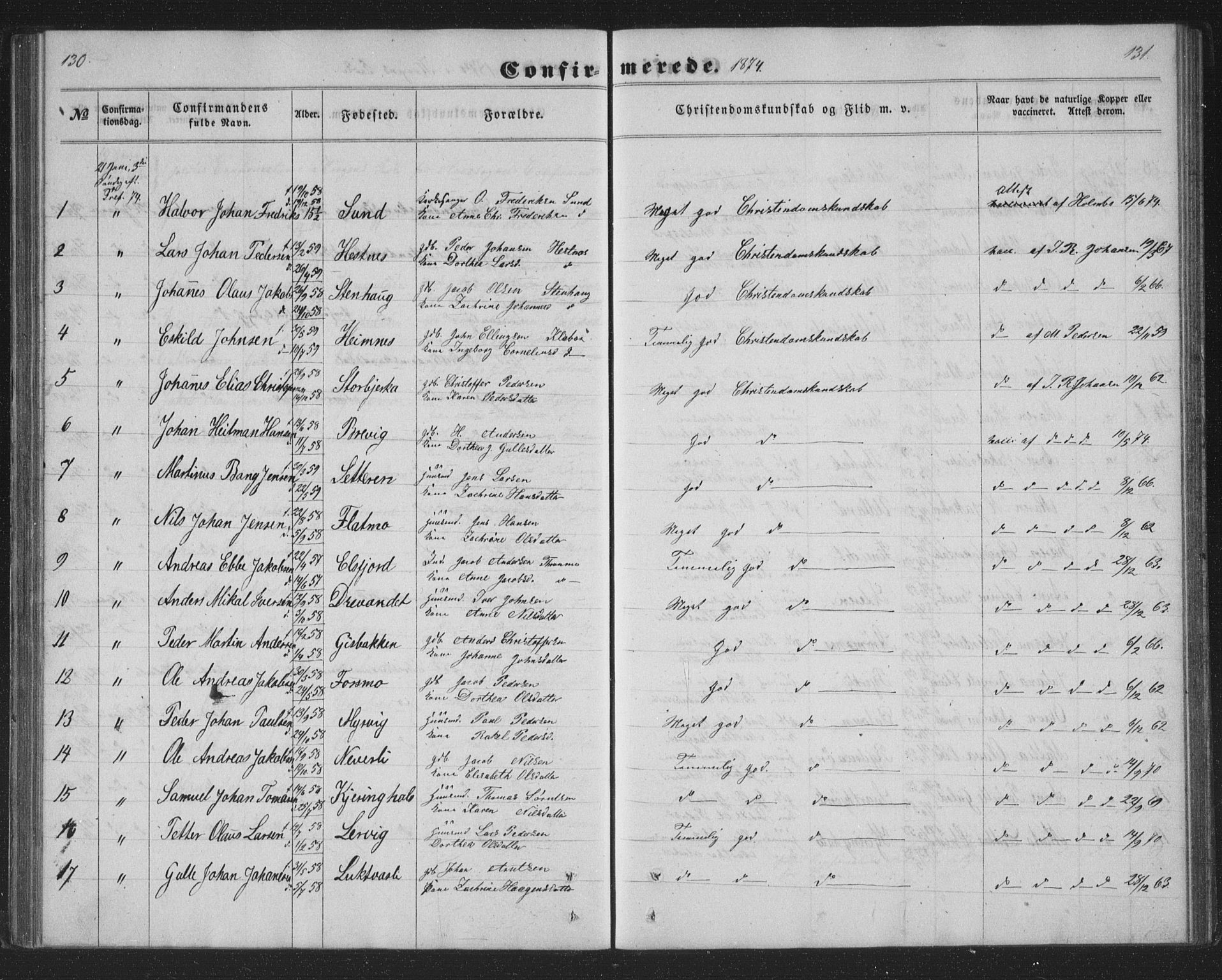 Ministerialprotokoller, klokkerbøker og fødselsregistre - Nordland, AV/SAT-A-1459/825/L0366: Parish register (copy) no. 825C03, 1858-1884, p. 130-131