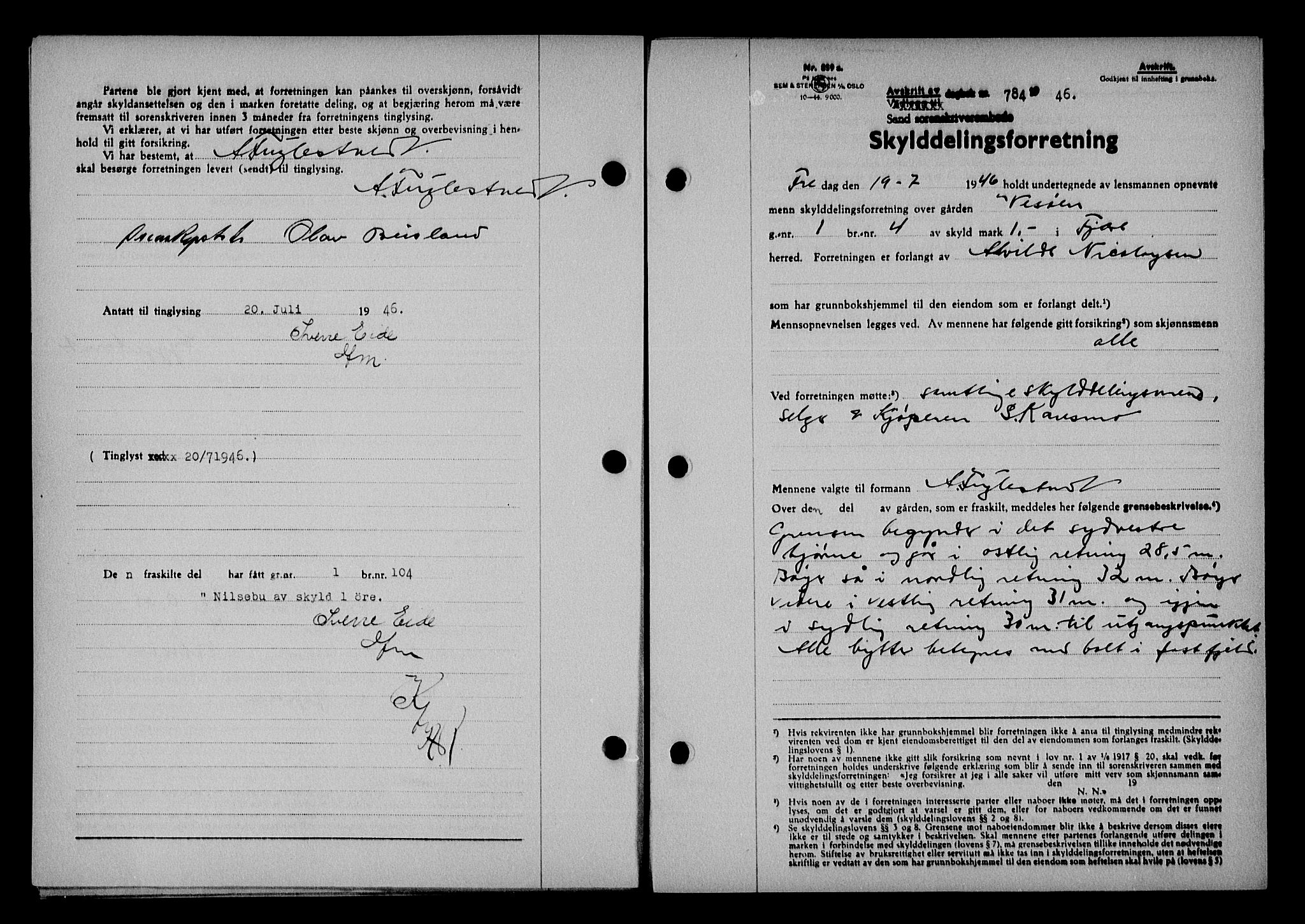 Vestre Nedenes/Sand sorenskriveri, AV/SAK-1221-0010/G/Gb/Gba/L0054: Mortgage book no. A 7, 1945-1946, Diary no: : 784/1946