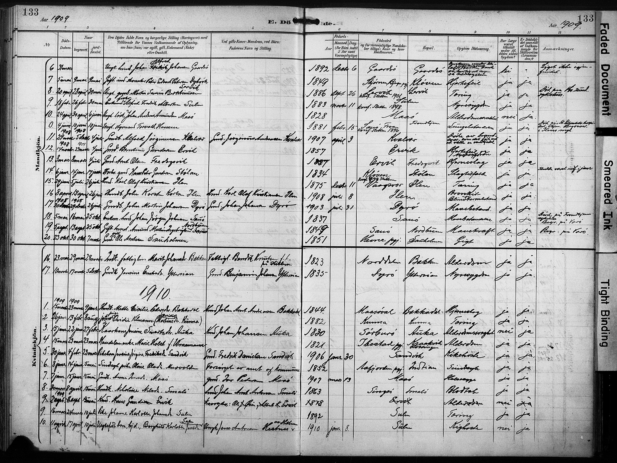 Ministerialprotokoller, klokkerbøker og fødselsregistre - Sør-Trøndelag, SAT/A-1456/640/L0580: Parish register (official) no. 640A05, 1902-1910, p. 133