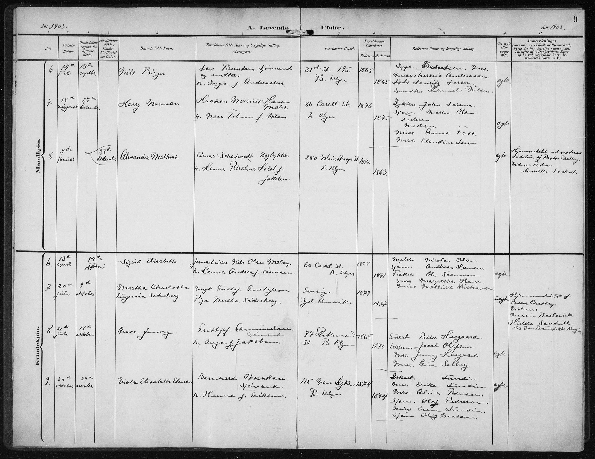 Den norske sjømannsmisjon i utlandet/New York, SAB/SAB/PA-0110/H/Ha/L0005: Parish register (official) no. A 5, 1902-1908, p. 9