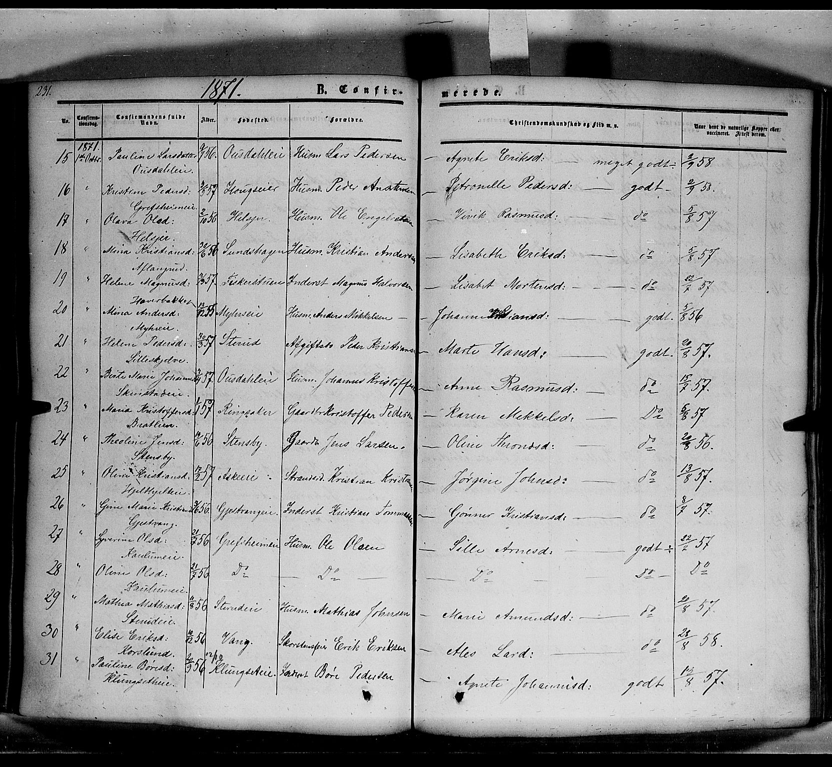 Nes prestekontor, Hedmark, AV/SAH-PREST-020/K/Ka/L0004: Parish register (official) no. 4, 1852-1886, p. 231