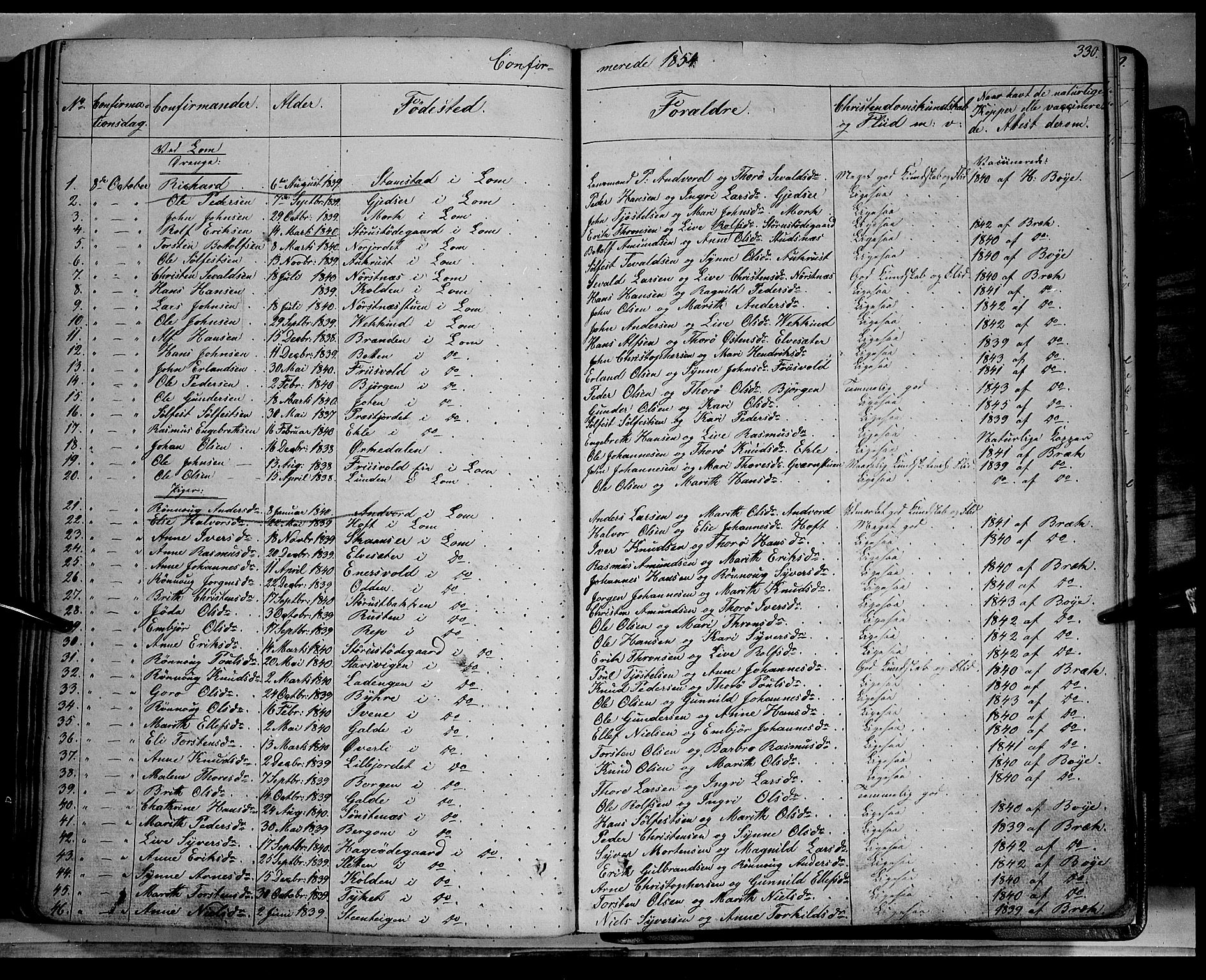 Lom prestekontor, SAH/PREST-070/K/L0006: Parish register (official) no. 6A, 1837-1863, p. 330