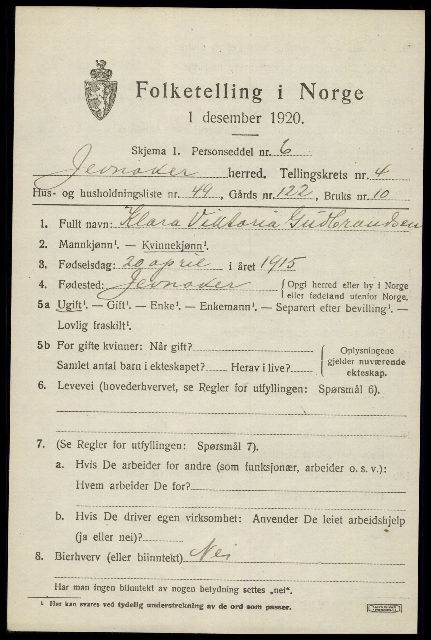 SAH, 1920 census for Jevnaker, 1920, p. 7071