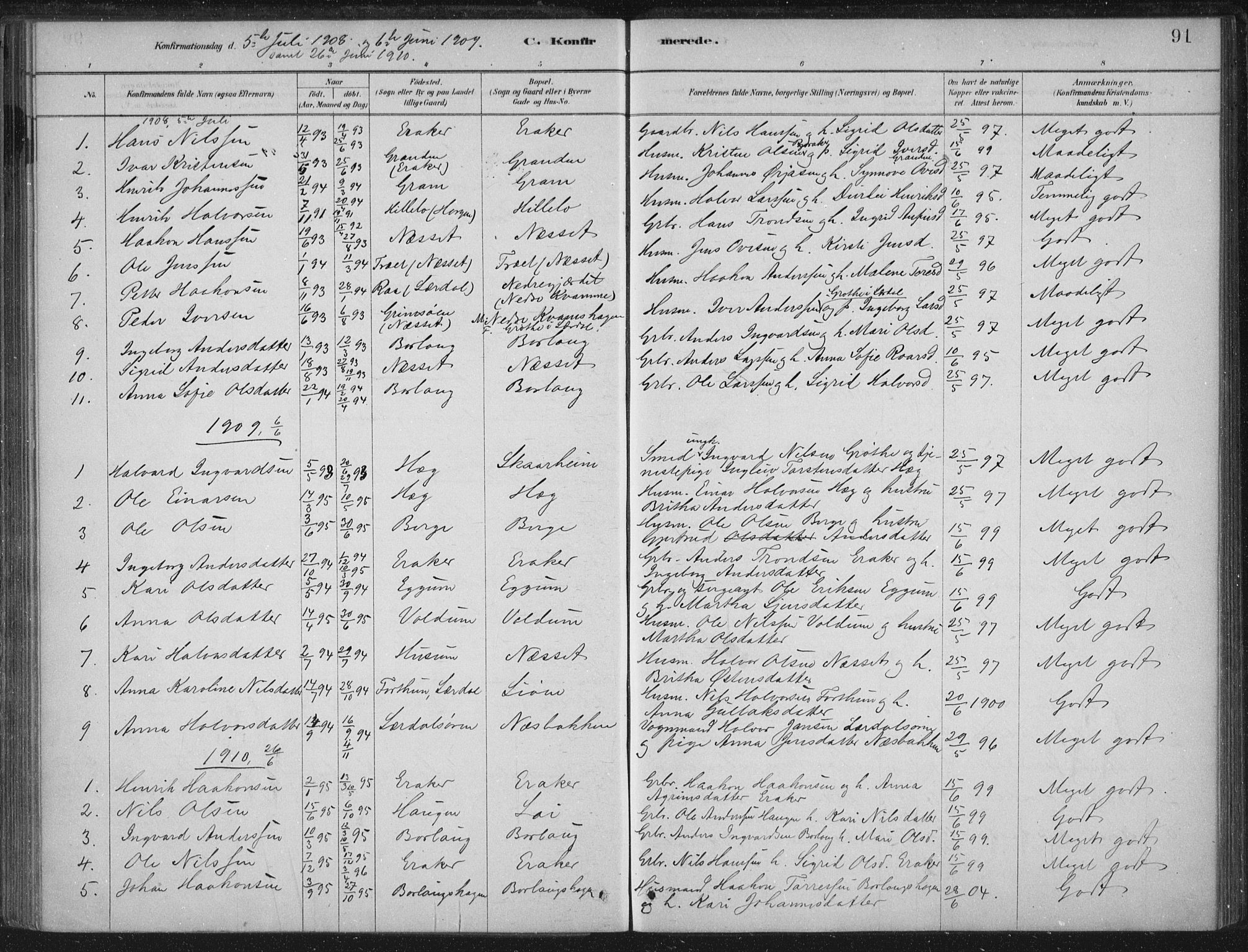 Lærdal sokneprestembete, SAB/A-81201: Parish register (official) no. C  1, 1878-1911, p. 91