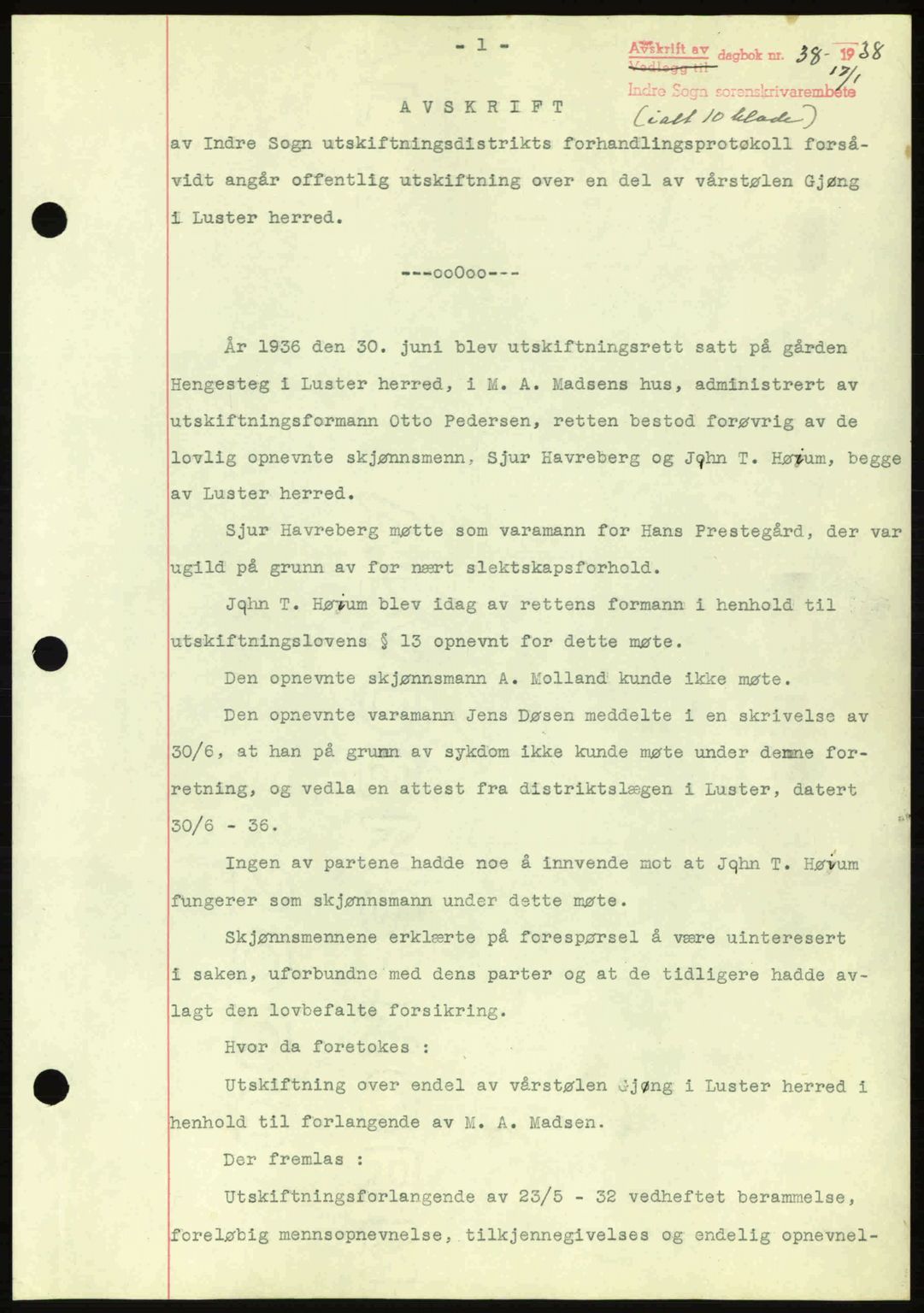 Indre Sogn tingrett, AV/SAB-A-3301/1/G/Gb/Gbb/L0001: Mortgage book no. A1, 1937-1938, Diary no: : 38/1938