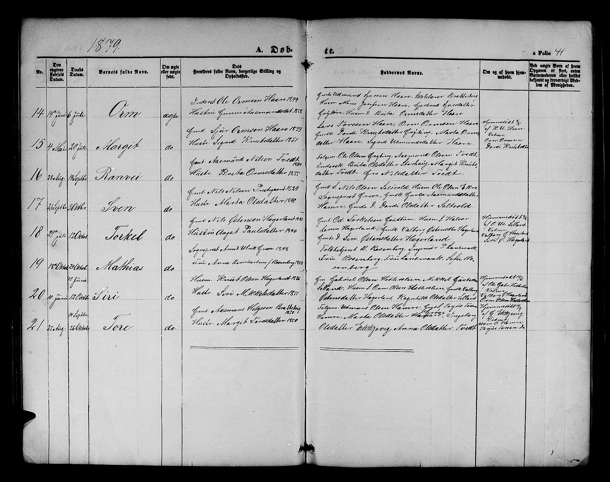 Røldal sokneprestembete, SAB/A-100247: Parish register (copy) no. A 2, 1861-1886, p. 41
