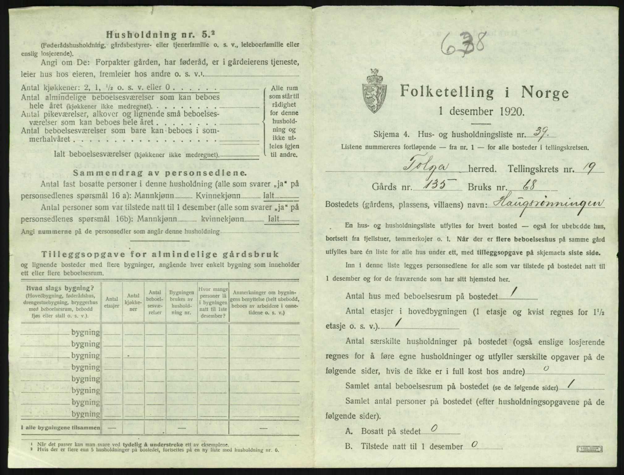 SAH, 1920 census for Tolga, 1920, p. 1377