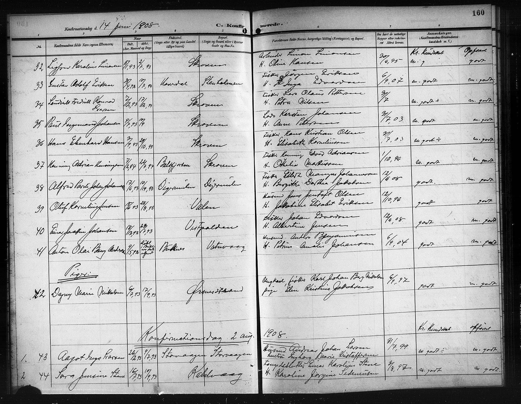 Ministerialprotokoller, klokkerbøker og fødselsregistre - Nordland, AV/SAT-A-1459/874/L1079: Parish register (copy) no. 874C08, 1907-1915, p. 160