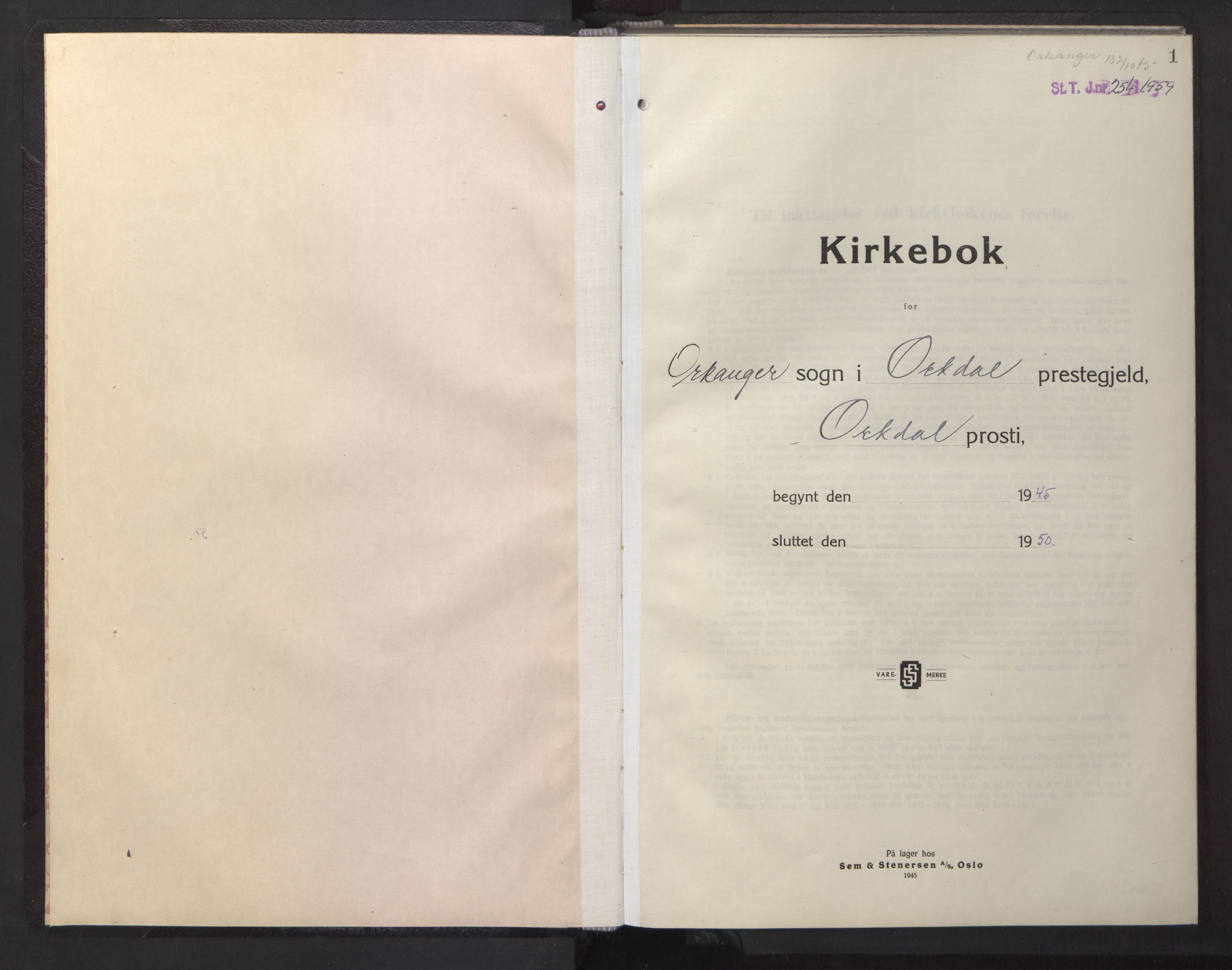 Ministerialprotokoller, klokkerbøker og fødselsregistre - Sør-Trøndelag, SAT/A-1456/669/L0833: Parish register (copy) no. 669C03, 1945-1950, p. 1